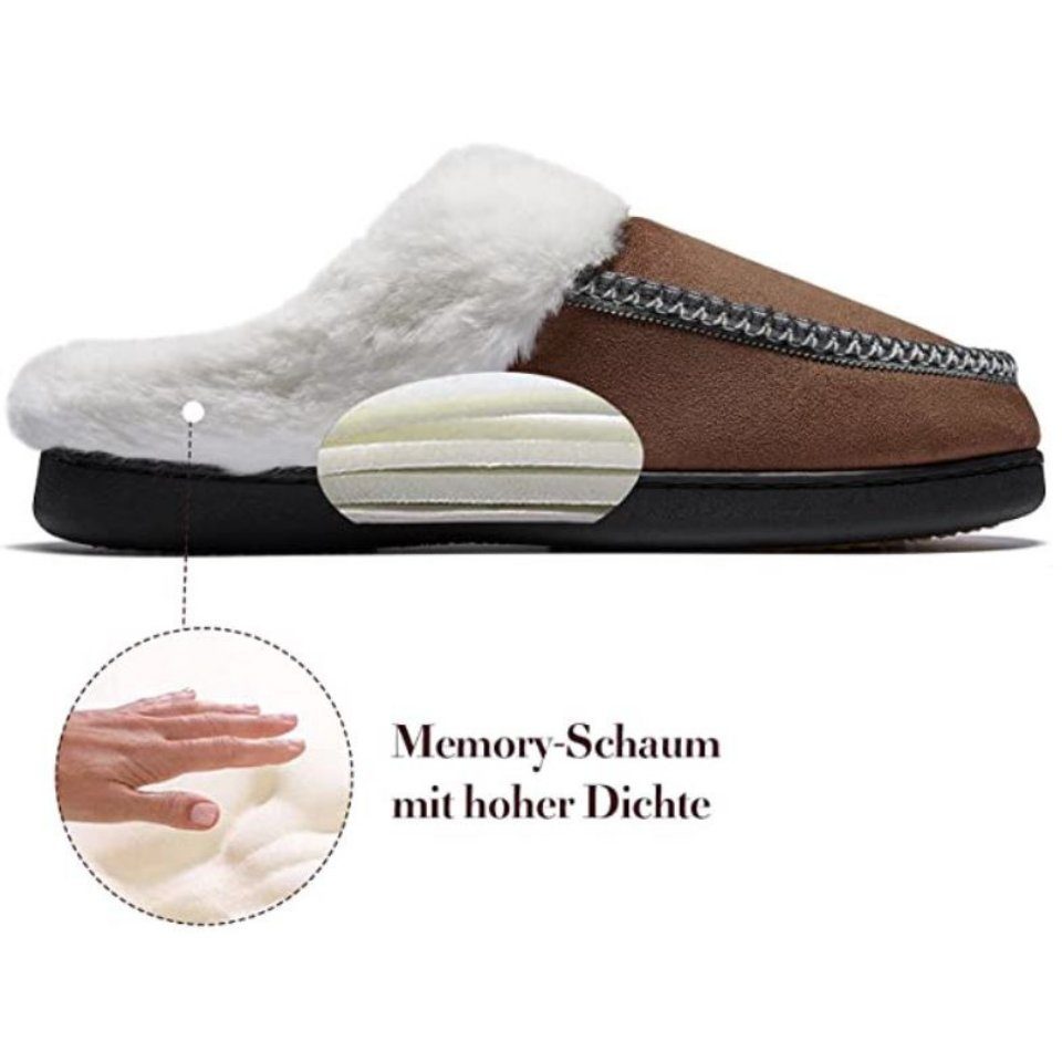 gefüttert, bequem, Hausschuh & Joy Latschen Memory-Foam Winter rutschfest) Fußbett Schlappen & Fell-Imitat (mit Home warm mit weich Pantoletten Fell Braun Pantoffeln Oslo Slipper