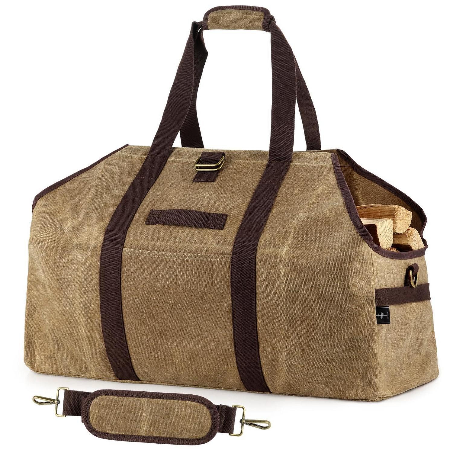 LuxusKollektion Holztragetasche Holzkorb Khaki extra groß tragbar Segeltuch