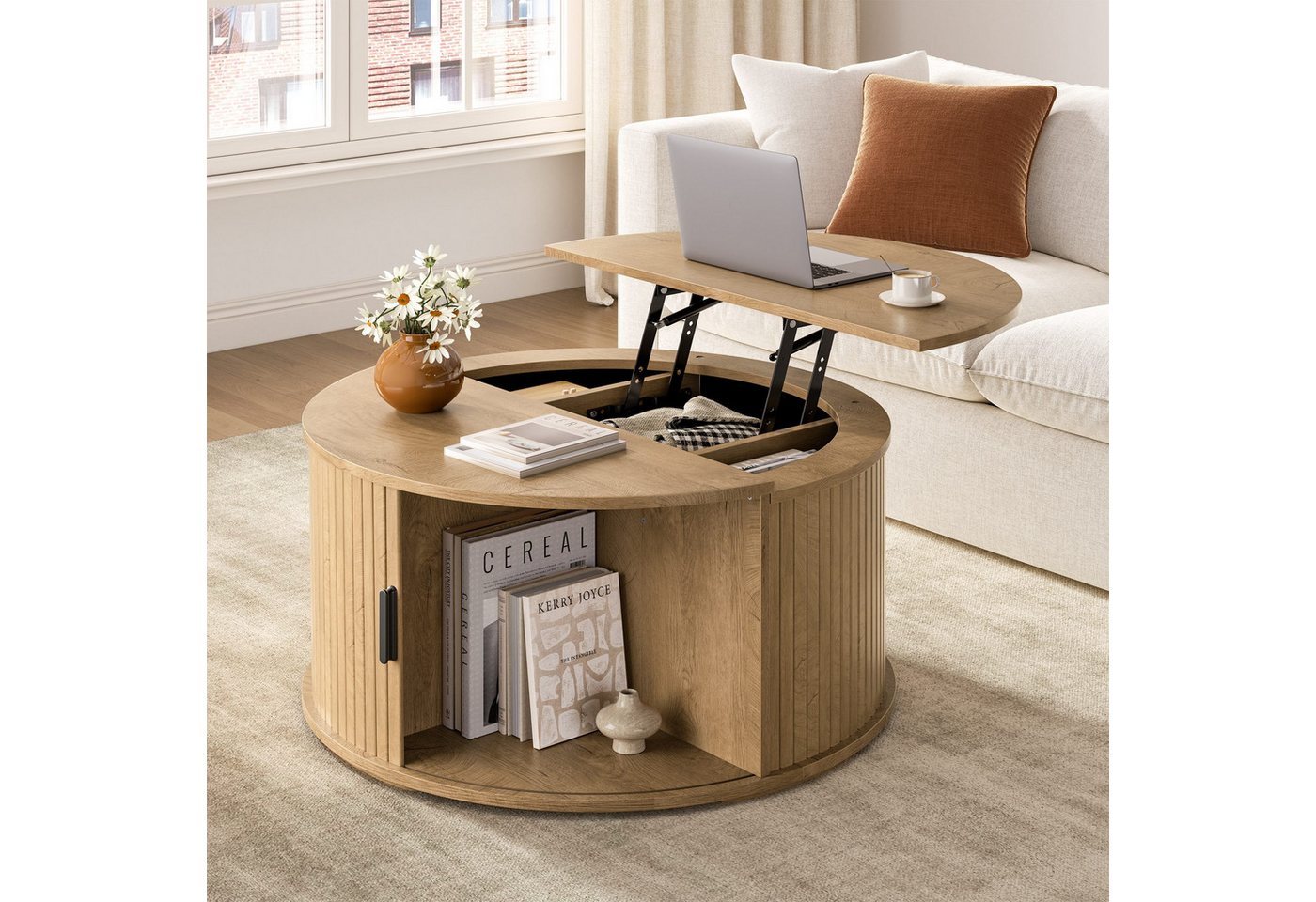 FABATO Couchtisch mit Liftfunktion, geriffelter Schiebetür & geteiltem Klappdeckel (1-St., mit verstecktem Stauraum und offenen Fächern), ideal als Sofatisch oder Beistelltisch, in Natur