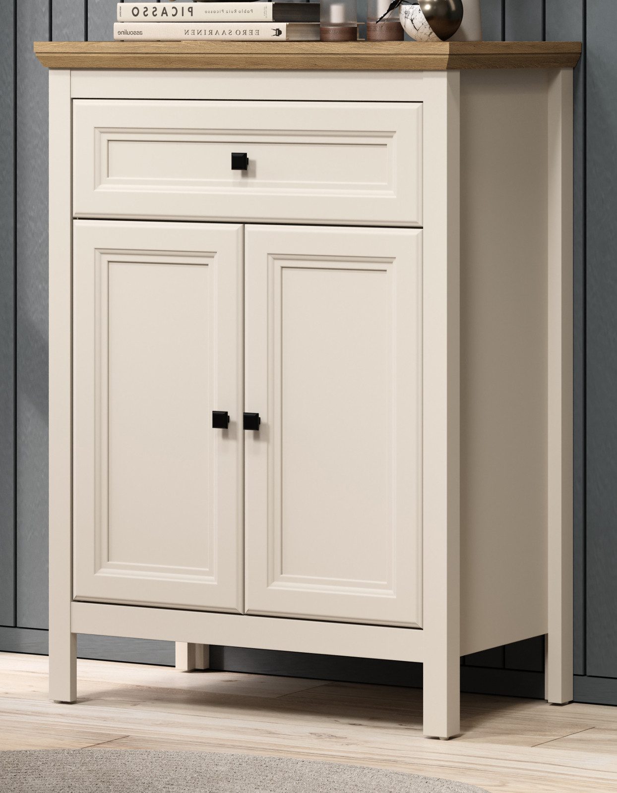 Furn.Design Schuhkommode Cozy (Flur Kommode in Kaschmir mit Eiche Landhaus, 2-türig, 70 x 98 cm), mit Soft-Close-Funktion