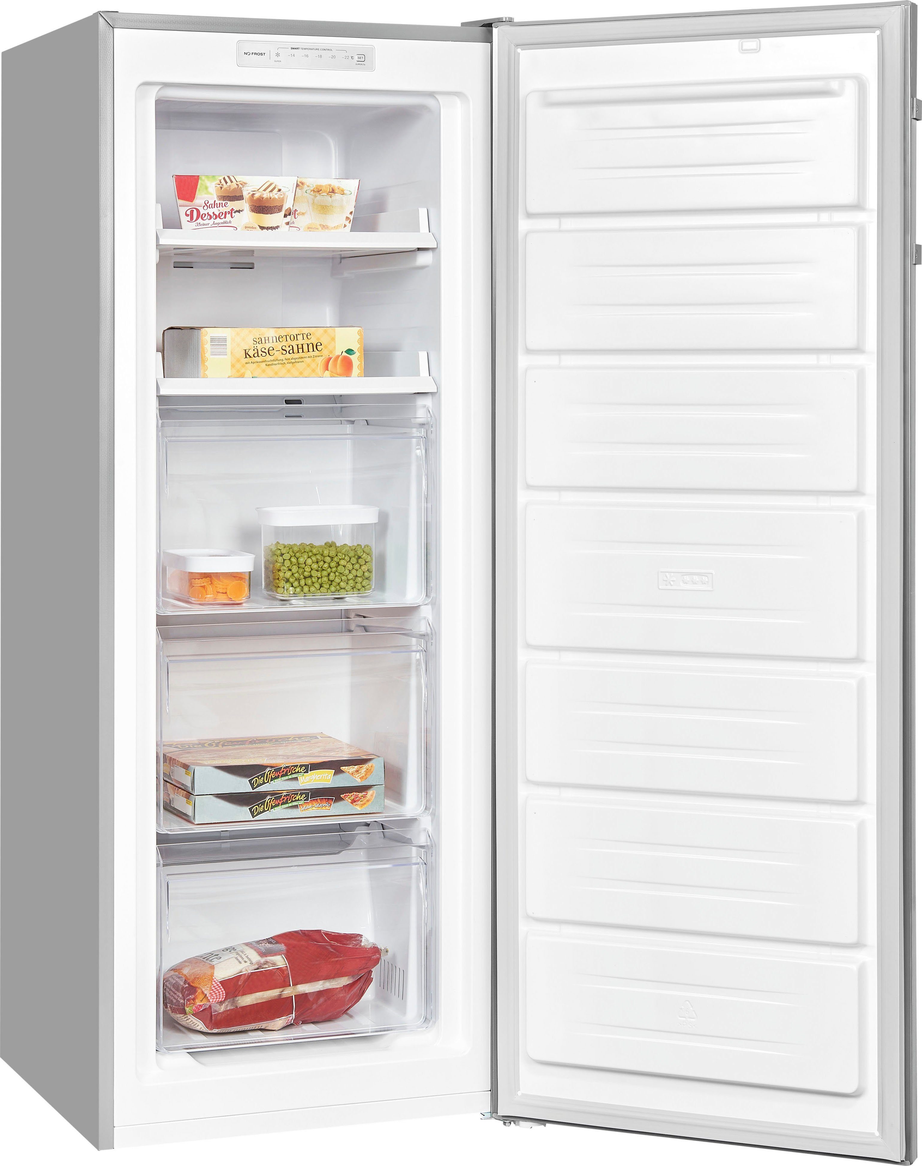 exquisit Gefrierschrank GS231-NF-H-040Cinoxlook, 143 cm hoch, 54 cm breit, 4*-Gefrierschrank No Frost mit LED-Anzeige & praktischem Griff