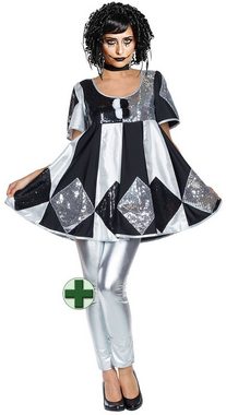 Karneval-Klamotten Clown-Kostüm Glitzer Pierrot Narren Kostüm Damen mit Leggings, Damenkostüm Clownstunika Kleid silber schwarz Leggings silber