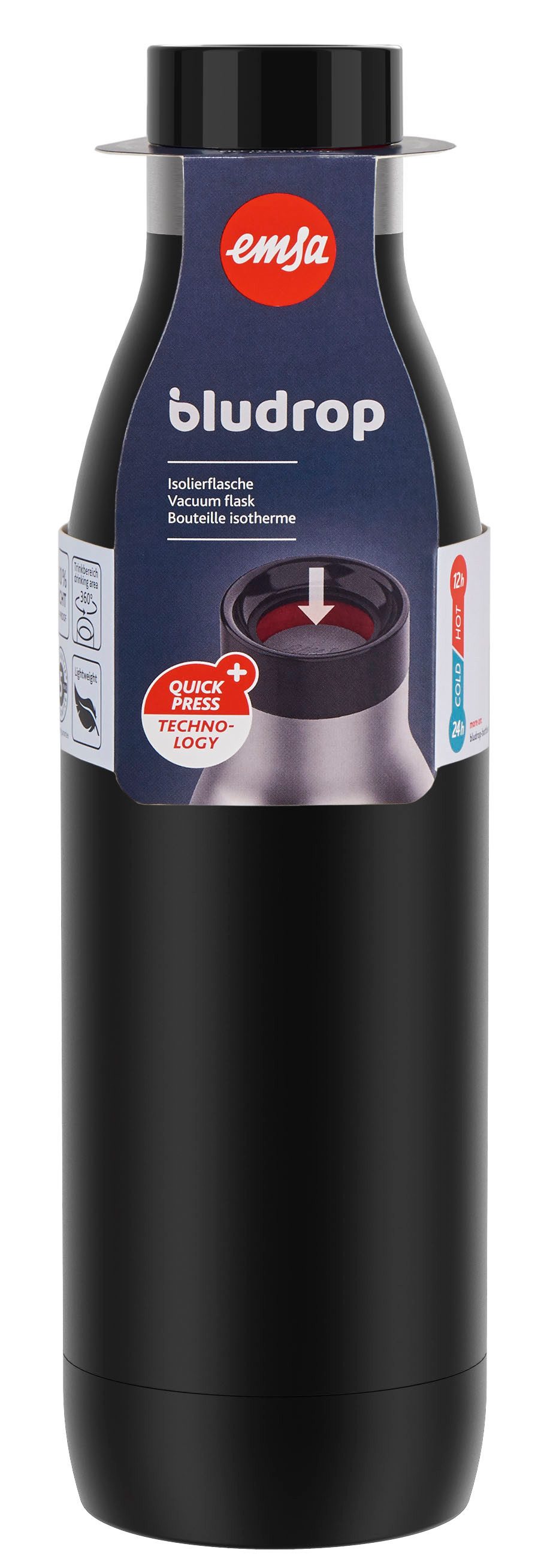 Emsa Isolierflasche Trinkflasche Bludrop, Edelstahl, Quick-Press Deckel, 360° Trinkgenuss, 12h warm/24h kühl