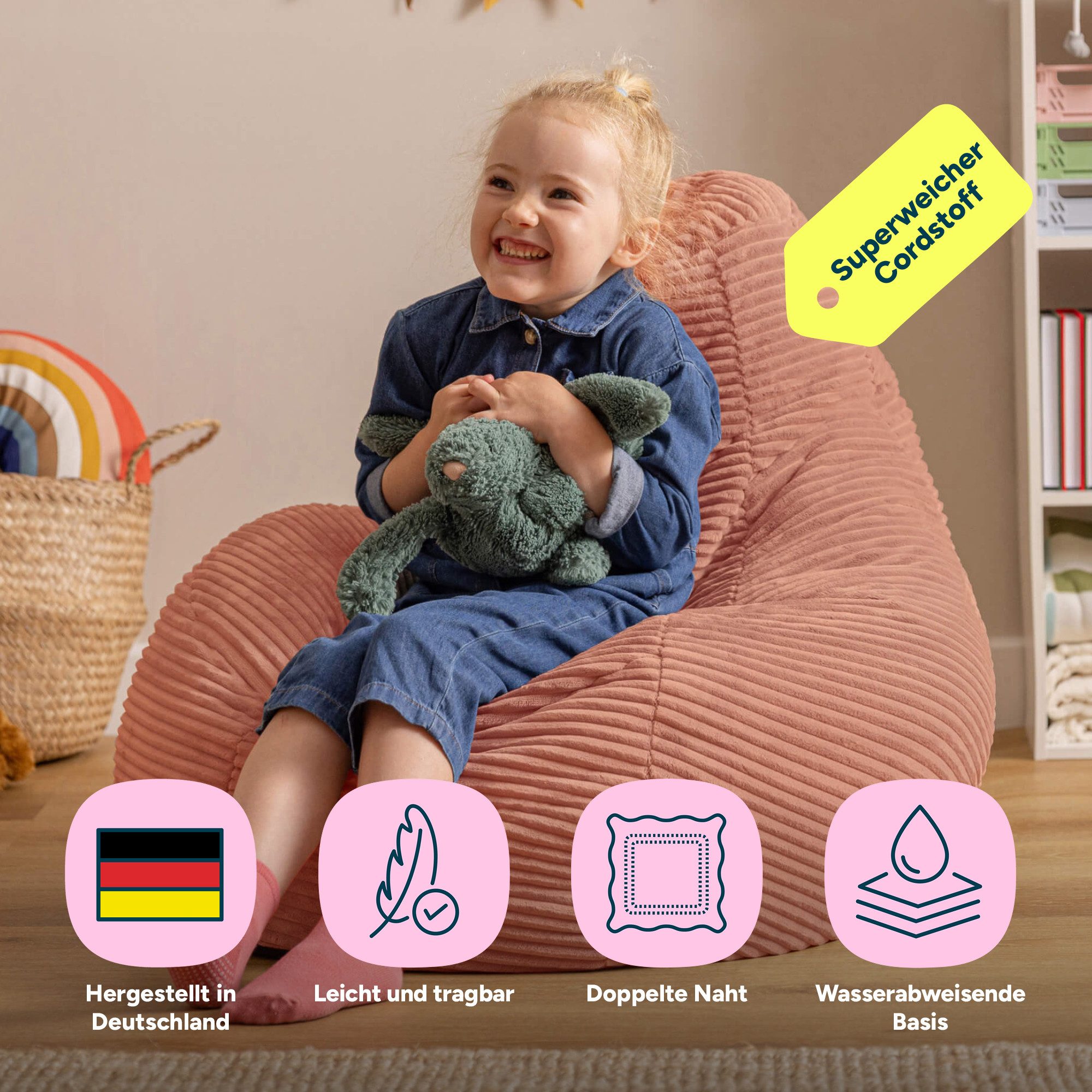 icon Sitzsack Kinder Sessel aus Cord Flauschig „Dalton", 69x59x65cm, Made in Germany, für Kinderzimmer, mit Füllung