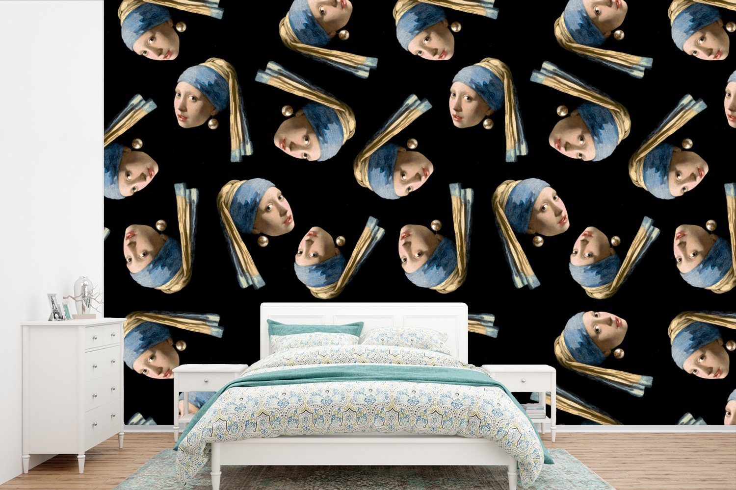 MuchoWow Fototapete Mädchen mit Perlenohrring - Muster - Vermeer, Matt, bedruckt, (6 St), Wallpaper für Wohnzimmer, Schlafzimmer, Kinderzimmer, Vinyl Tapete