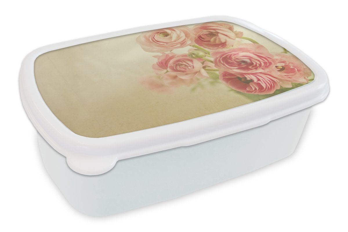 MuchoWow Lunchbox Unscharfes Bild von rosa Butterblumen, Kunststoff, (2-tlg), Brotbox für Kinder und Erwachsene, Brotdose, für Jungs und Mädchen weiß