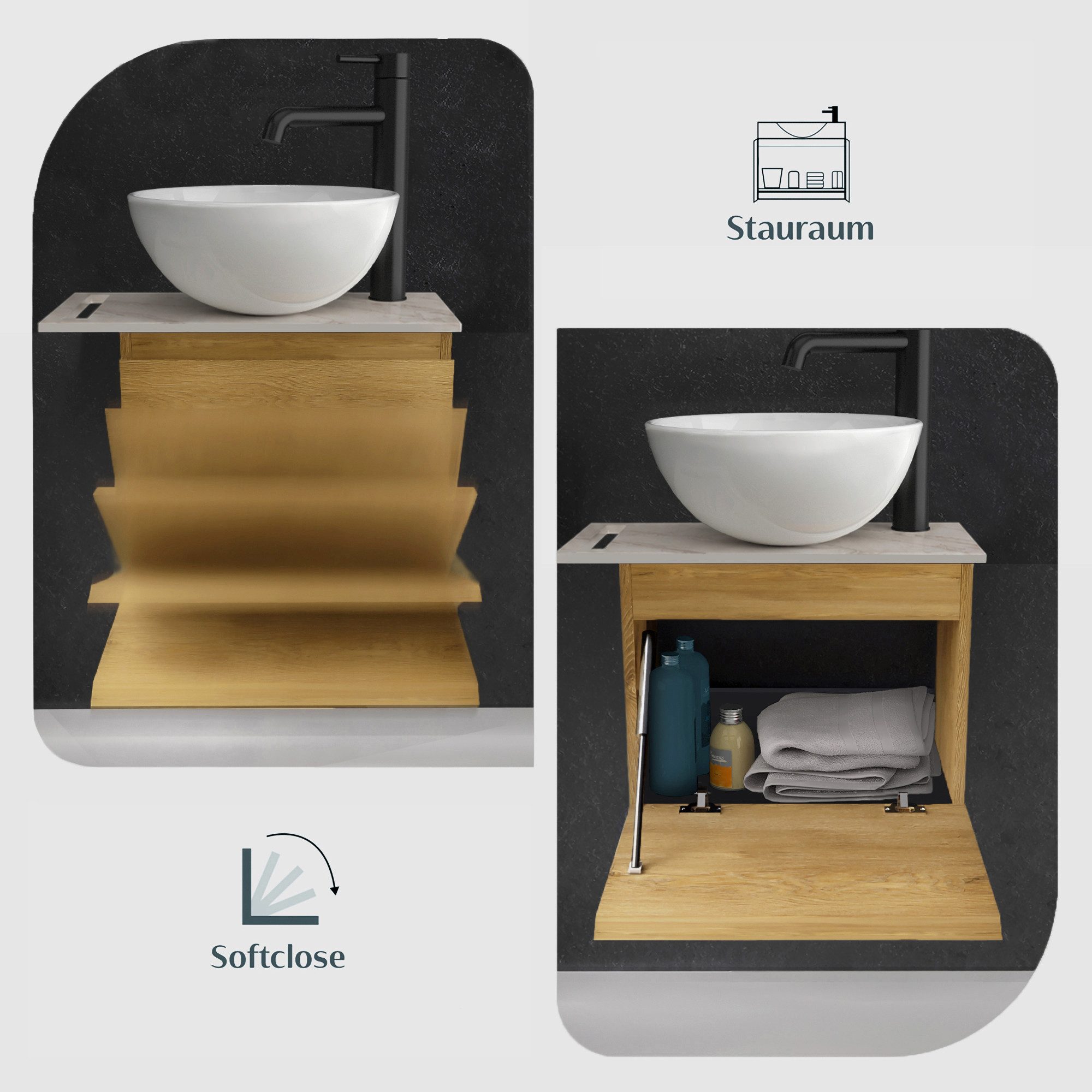 Alpenberger Badmöbel-Set mit Aufsatzwaschbecken Waschtisch mit Unterschrank & Keramikplatte, (Gäste WC Waschtisch mit Waschbecken, Waschbeckenunterschrank mit S – Bild 4 von 5