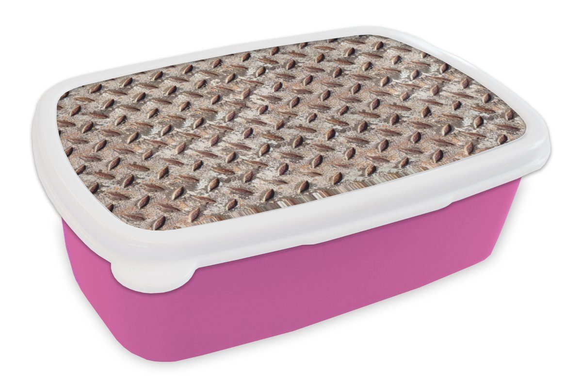 MuchoWow Lunchbox Metall - Platten - Rost - Muster, Kunststoff, (2-tlg), Brotbox für Erwachsene, Brotdose Kinder, Snackbox, Mädchen, Kunststoff rosa