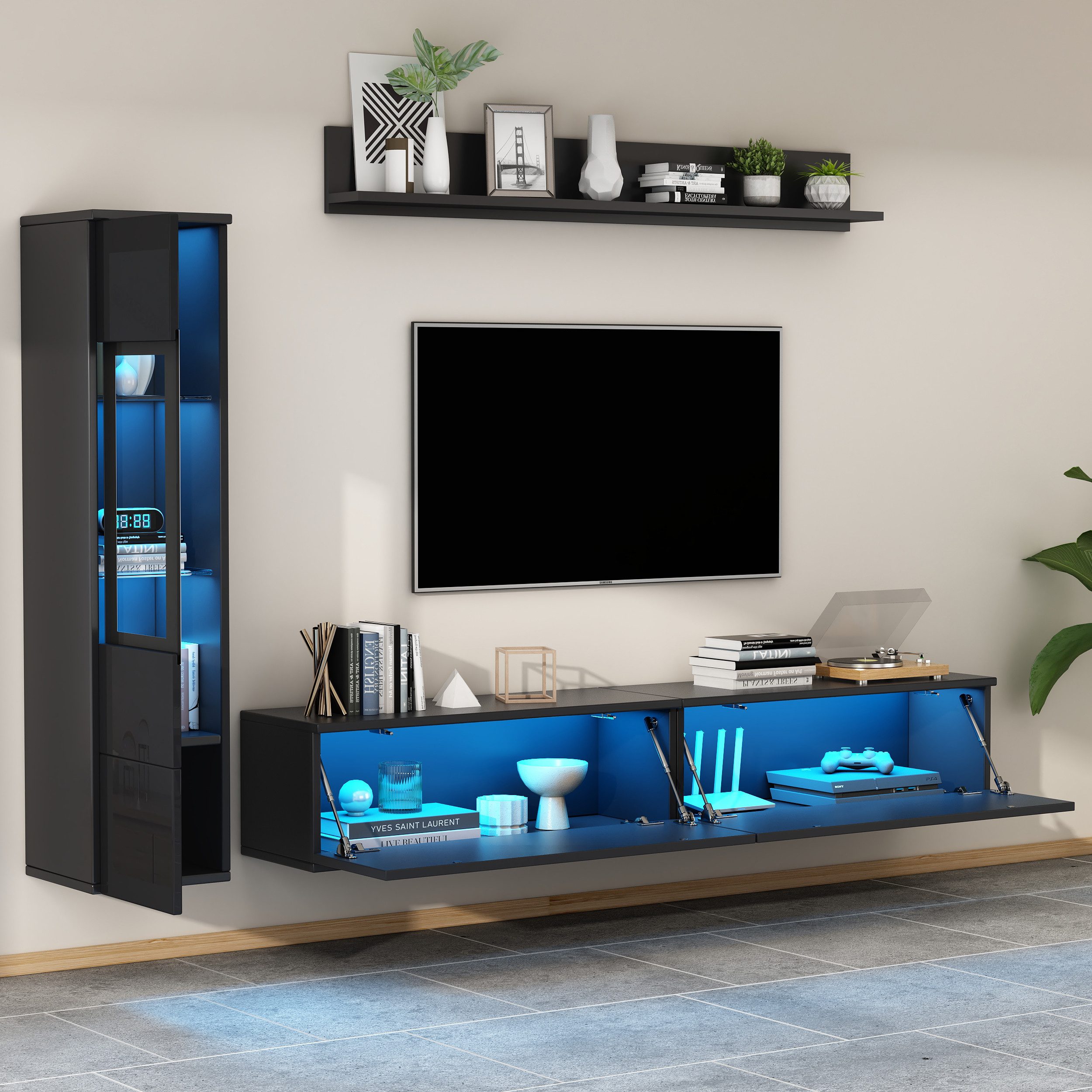 Merax Wohnwand mit LED-Beleuchtung, in Hochglanz Weiß/Schwarz, (3-St), 3-teilig TV-Wohnwand Set mit TV Schrank, Vitrine & Hängeregal