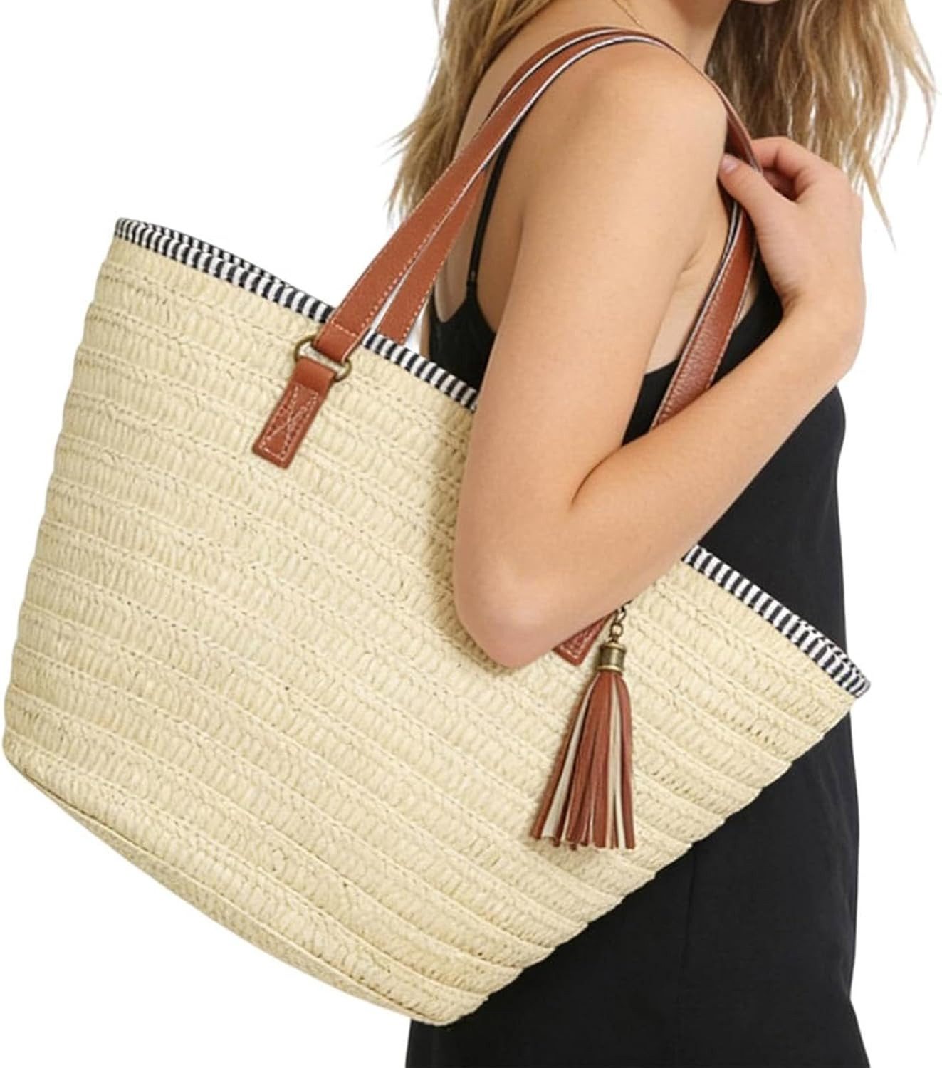 Zaewry Strandtasche Stroh Strand Schultertasche Tasche,Damen Sommer Böhmische Handtasche, für Reisen Strand Reise Schule Arbeit Einkaufen