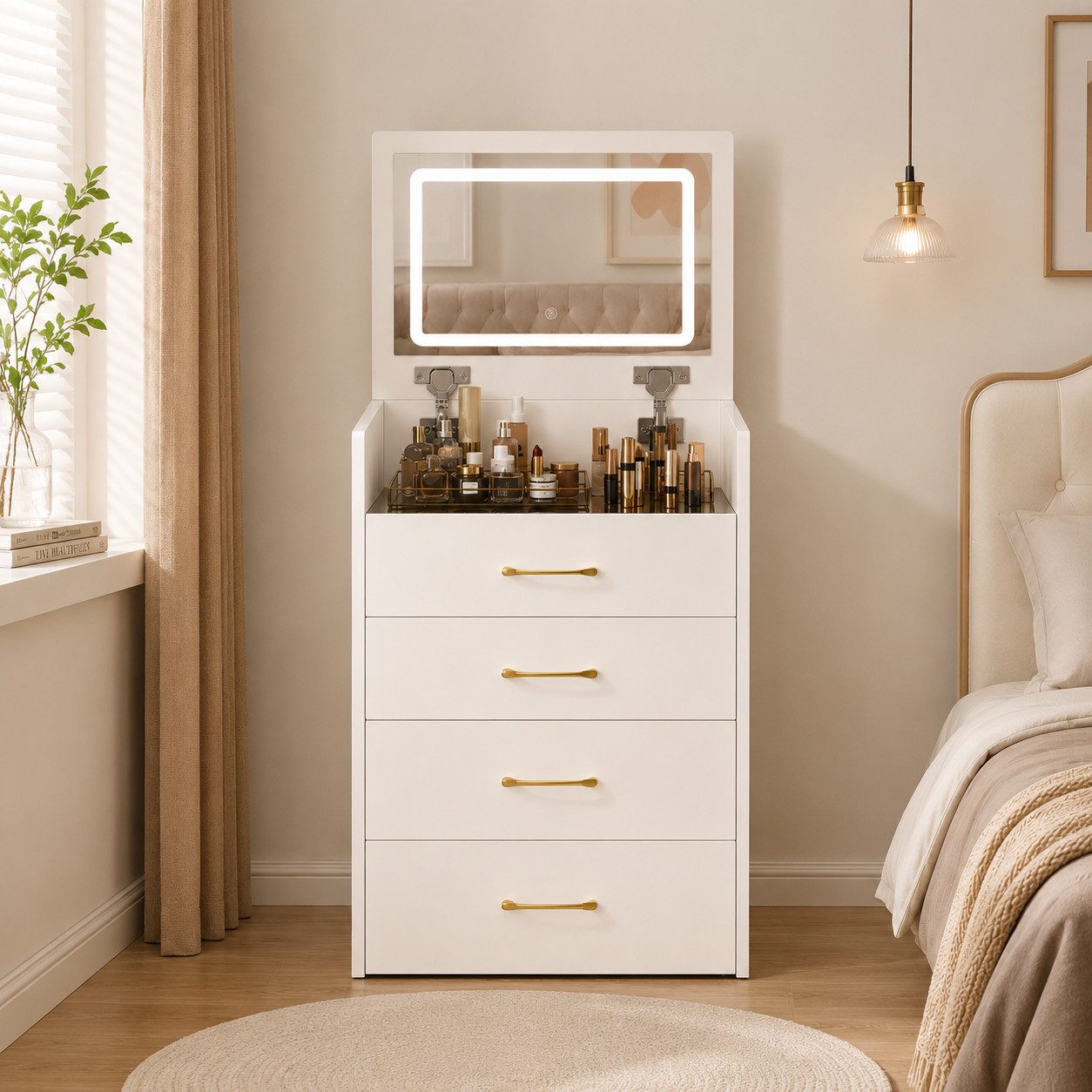 KLAM HOME Schminktisch 3-in-1 Schminktisch Weiß/Walnuss mit Glasplatte, nutzbar als Sideboard (Kompakter Kosmetiktisch mit 3 Schubladen & platzsparendem Hocker) – Bild 4 von 5
