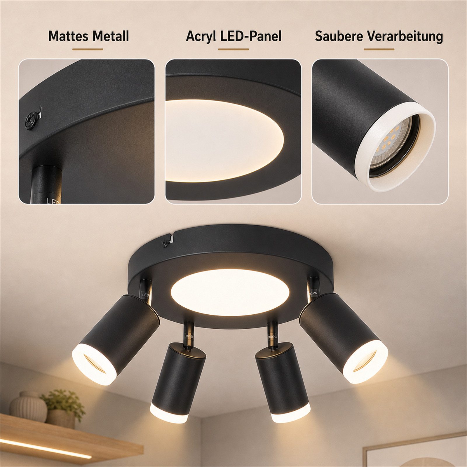 ZMH Deckenstrahler 4 Flammig Quadratisch/Rund 20W Deckenleuchte 3000K GU10 Wohnzimmer, Einfache Installation, LED fest integriert, ohne Leuchtmittel, Warmweiß