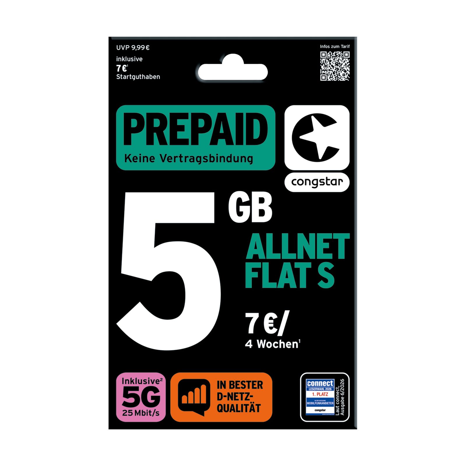 Congstar Prepaid Allnet S SIM-Karte ohne Vertrag 5G mit 25 Mbit/s Prepaidkarte, (EU-Roaming inkl. CH, 7 € Startguthaben)