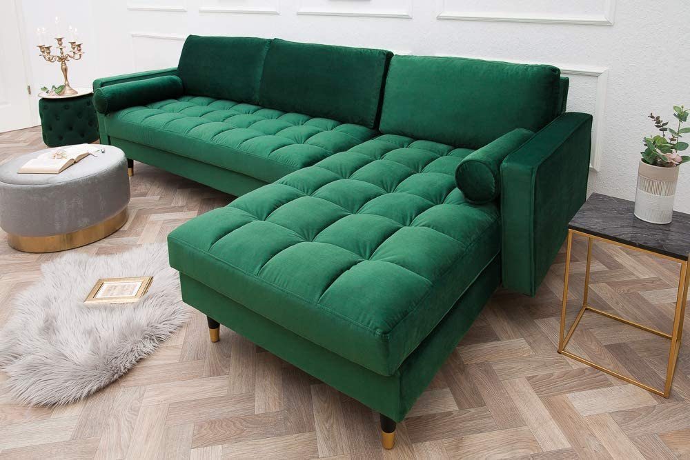 LebensWohnArt Sofa Ecksofa 260cm Ottomane beidseitig COMFORT grün Samt  Federkern