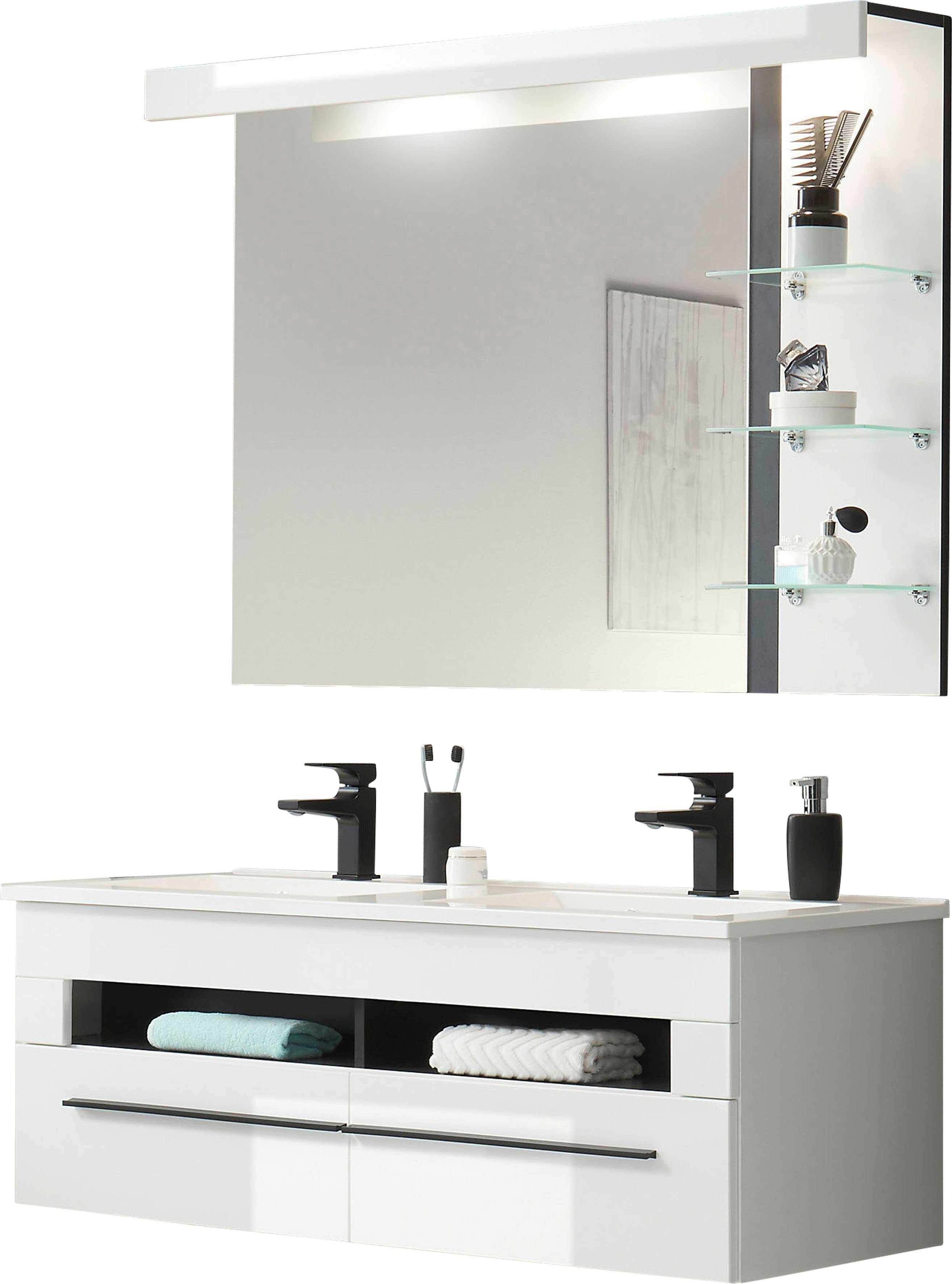 Home affaire Badmöbel-Set Cantara, Bad im modernen Design, 2-teiliges Badezimmer, (Set, 2-St), Waschtisch und Spiegel, in Weiß Hochglanz, viel Stauraum