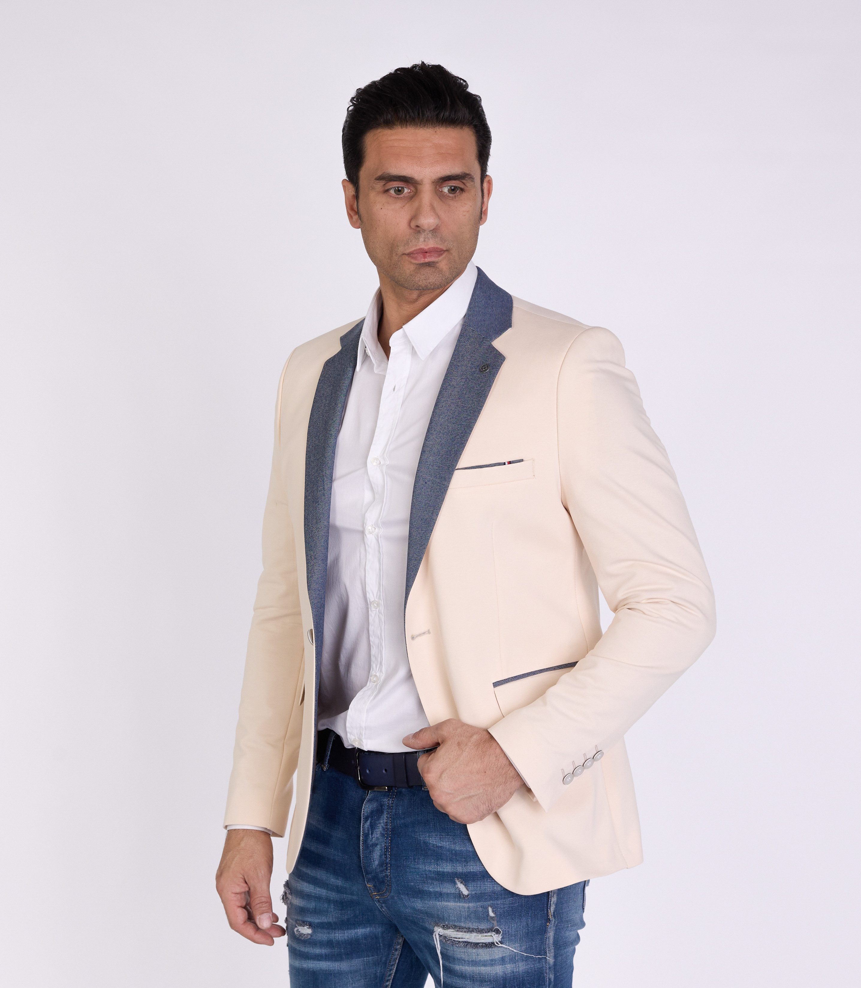 Denim Distriqt Jerseysakko in Slim Fit mit Stretch Beige Gr. 50 entspricht günstig online kaufen