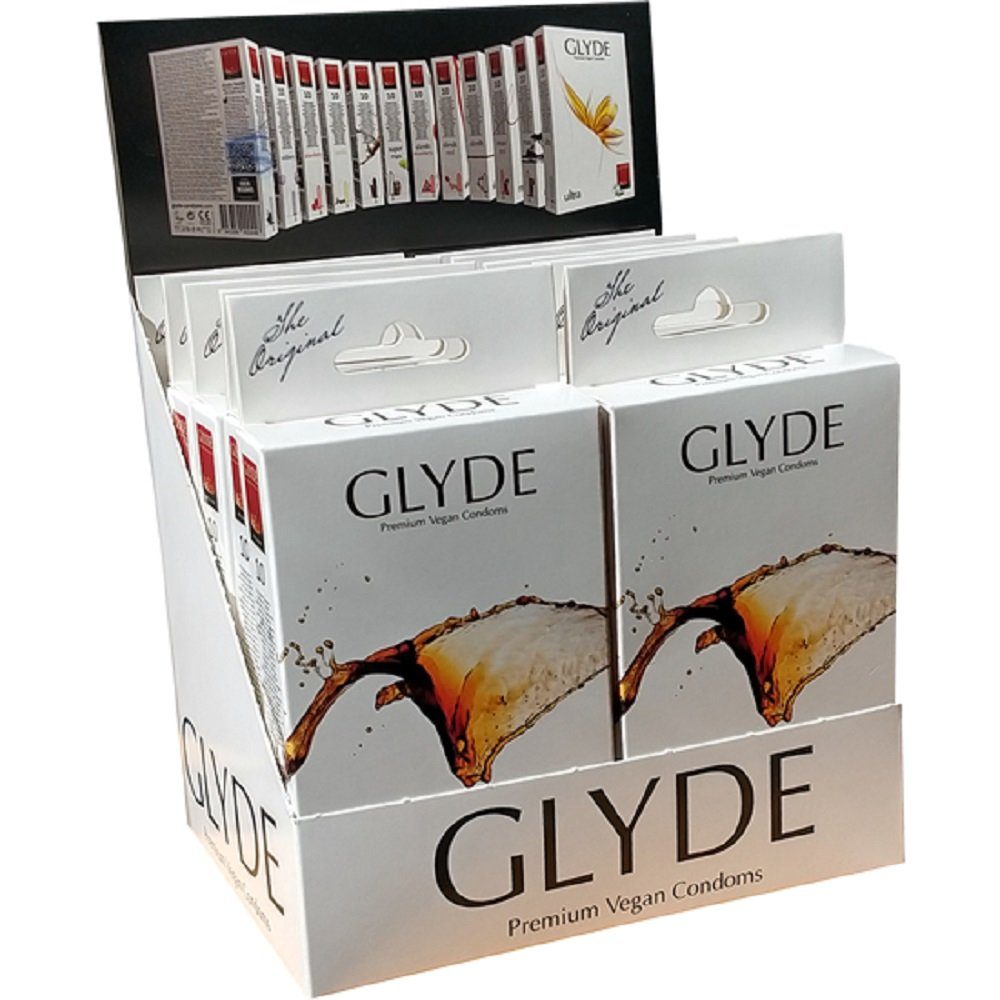 Glyde Kondome Glyde Ultra, 10x10 vegane Kondome Spar-Set, Sorte: Cola, Zertifiziert mit der Veganblume, Gefühlsecht & Reißfest, schwarz gefärbt und mit natürlichem Cola-Aroma