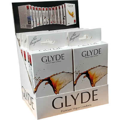 Glyde Kondome »Glyde Ultra, 10x10 vegane Kondome« Spar-Set, Sorte: Cola, Zertifiziert mit der Veganblume, Gefühlsecht & Reißfest, schwarz gefärbt und mit natürlichem Cola-Aroma