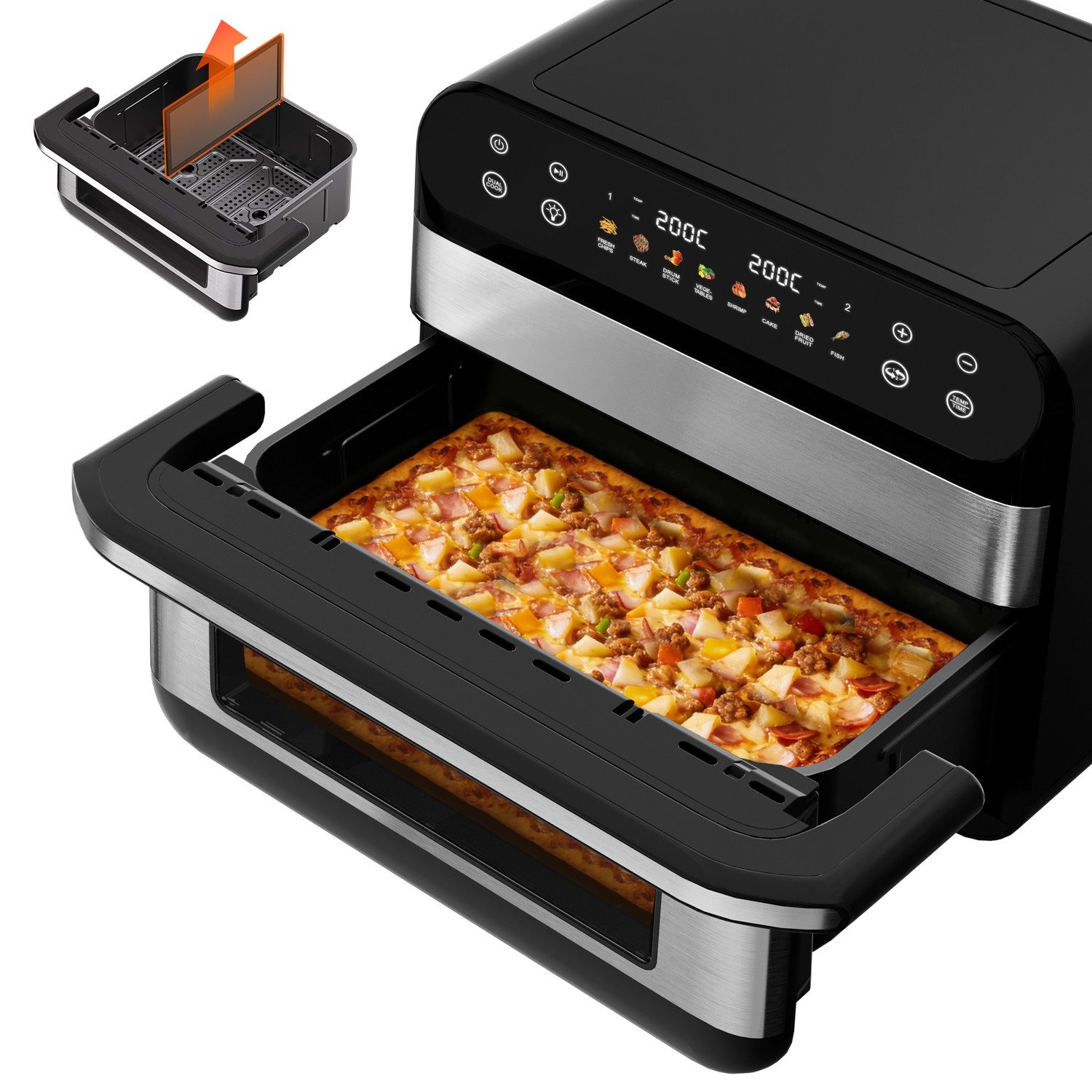 Hiazurm Heißluftfritteuse Dual Zone Heißluftfritteuse, 10L Airfryer mit herausnehmbarem Trenner, 2 Gestelle, Heißluftfritteuse 2 kammern, 8 Kochfunktionen, Antihaftbeschichtung, spülmaschinenfester Korb, 8-10 Portionen