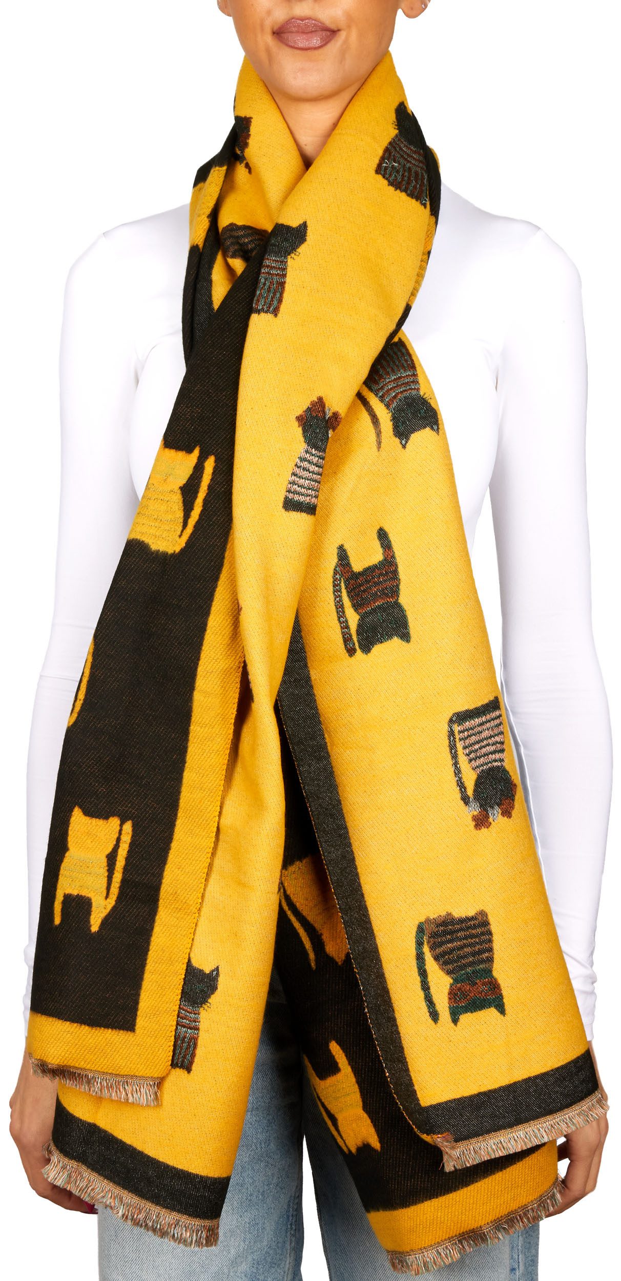 BRUBAKER Schal Cashmirillo Damen Schal mit Katzen Muster - 70 x 200 cm, (Herbstschal Winterschal, 1-St. Weiches Kaschmir-Gefühl), Warm, Kuschelig und Oversized - Damenschal für Herbst und Winter