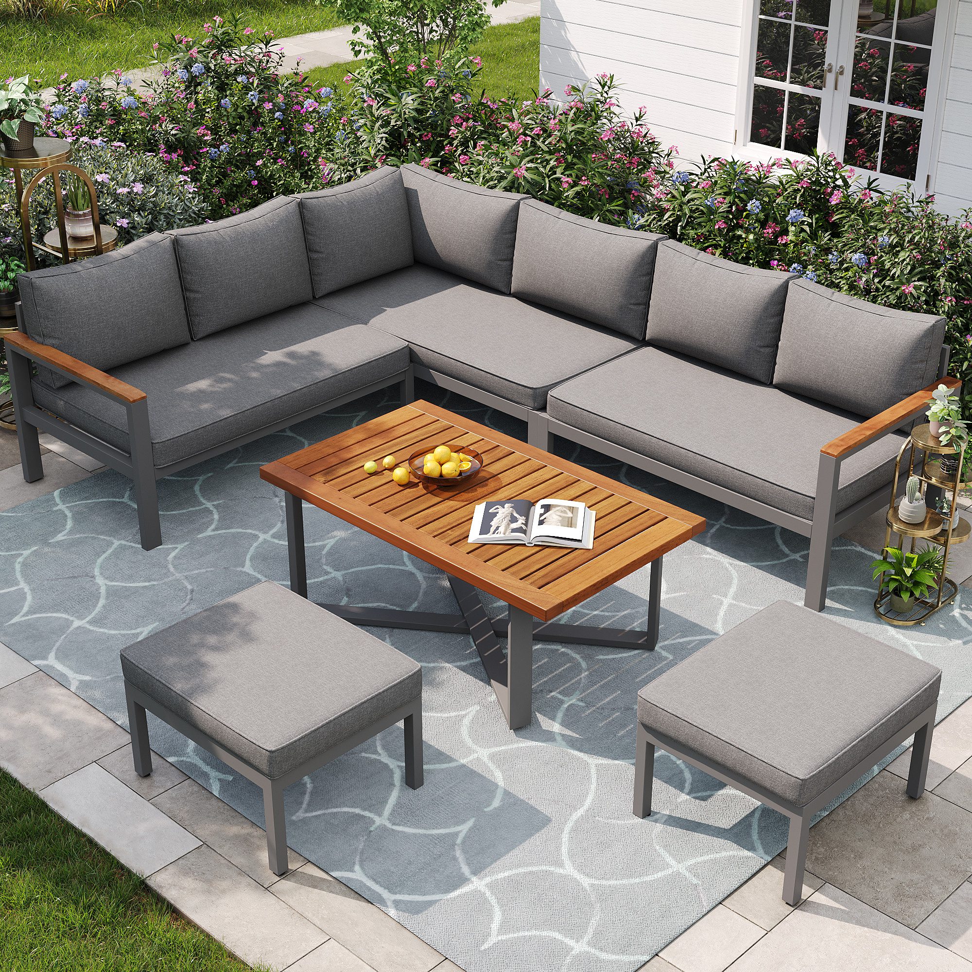 BBWL Gartenlounge-Set mit Tisch, Metallrahmen, wetterfest Loungemöbel für Terrasse, Gartenlounge Set 7–8 Personen Gartengarnitur
