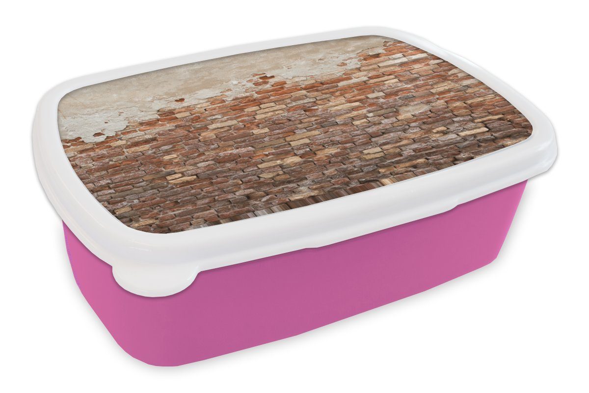 MuchoWow Lunchbox Wand - Verputz - Alt, Kunststoff, (2-tlg), Brotbox für Erwachsene, Brotdose Kinder, Snackbox, Mädchen, Kunststoff rosa