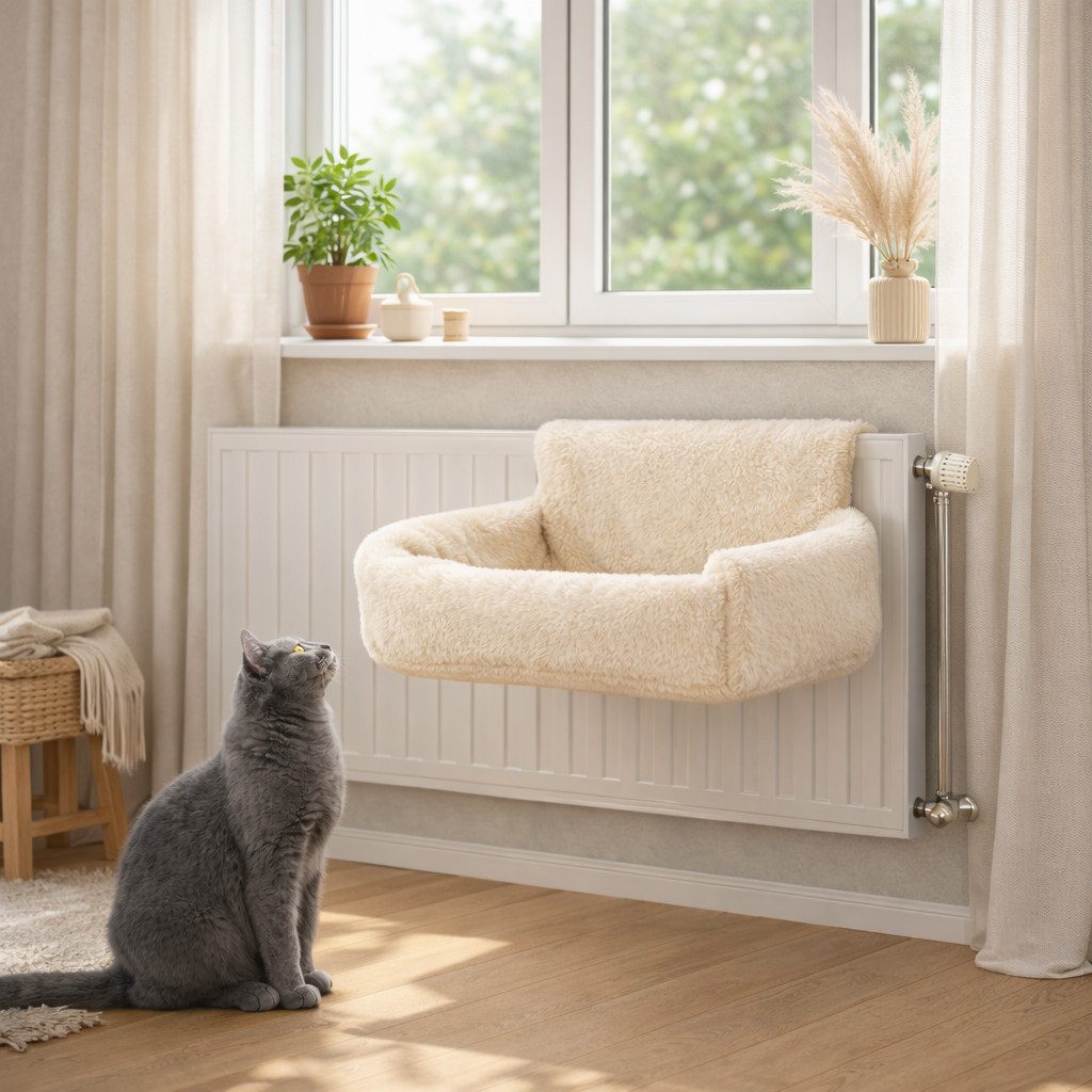 belviona Katzen-Hängematte für Heizkörper, Schlafplatz für Katzen bis 8 kg, creme, kuscheliges Textil, Katzen-Heizkörperliege mit waschbarem Bezug