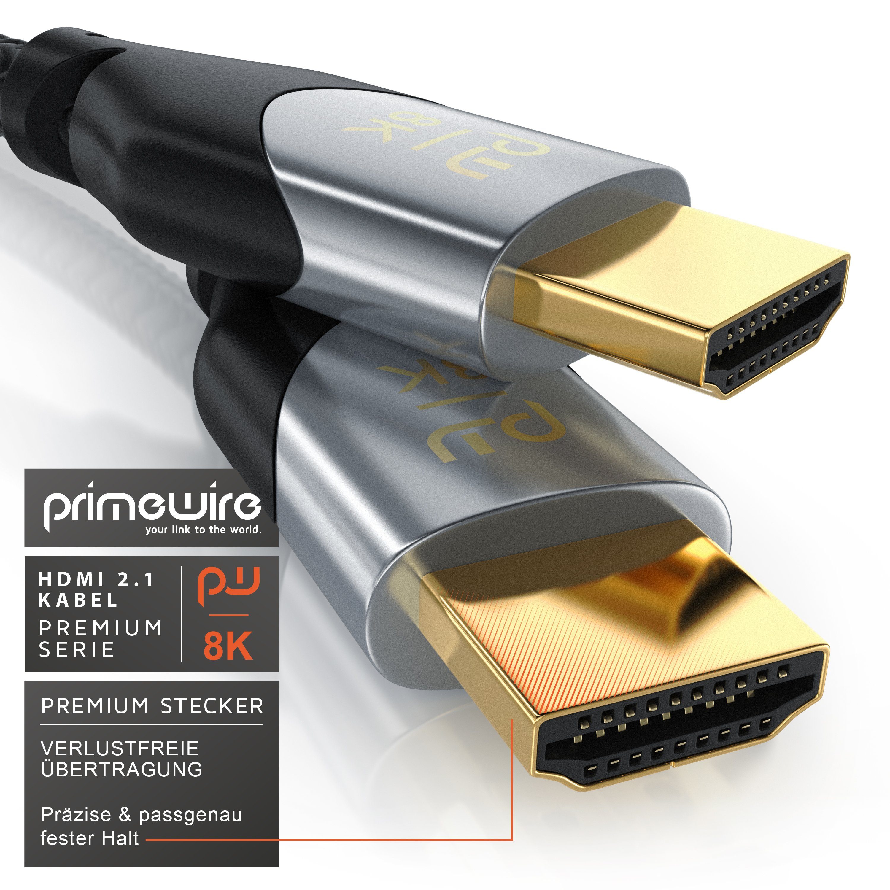 Primewire Ultra High Speed 8K HDMI Kabel 2.1, Stoffummantelung HDMI-Kabel, 2.1, HDMI Typ A (200 cm), UHD, Ethernet, 8K @ 120 Hz, 4k @ 240 Hz, 3D TV, eARC, HDR10 – Bild 2 von 5