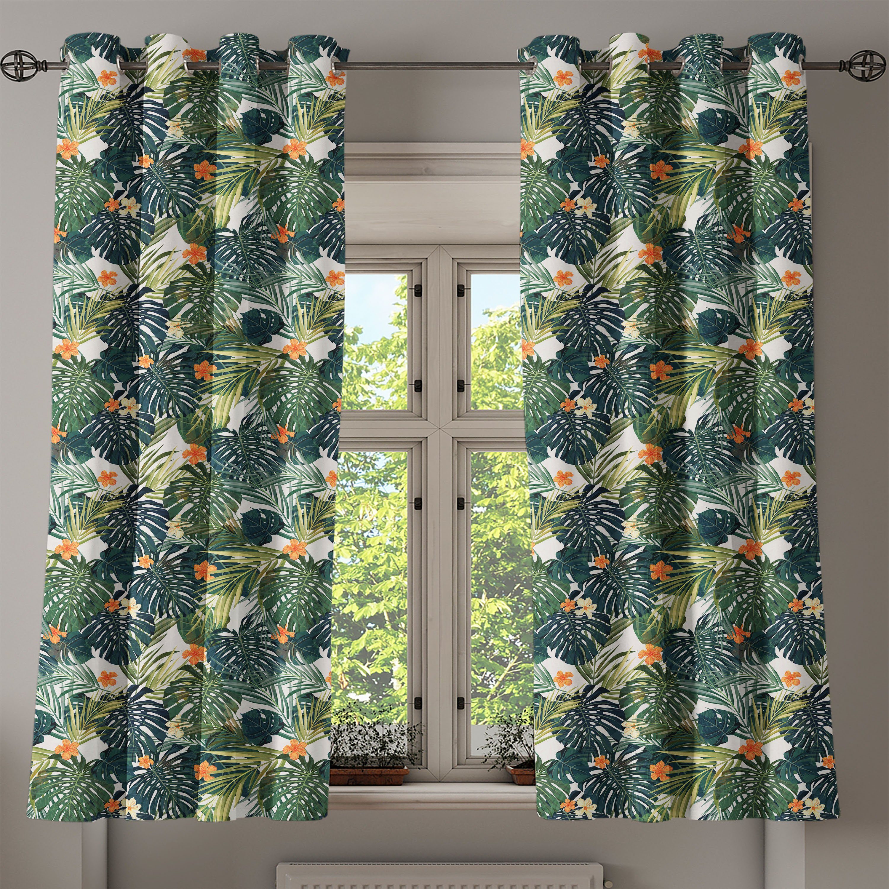 Botanic Schlafzimmer Wohnzimmer, für Blätter Tropic Gardine 2-Panel-Fenstervorhänge Dekorative Blumen Abakuhaus,