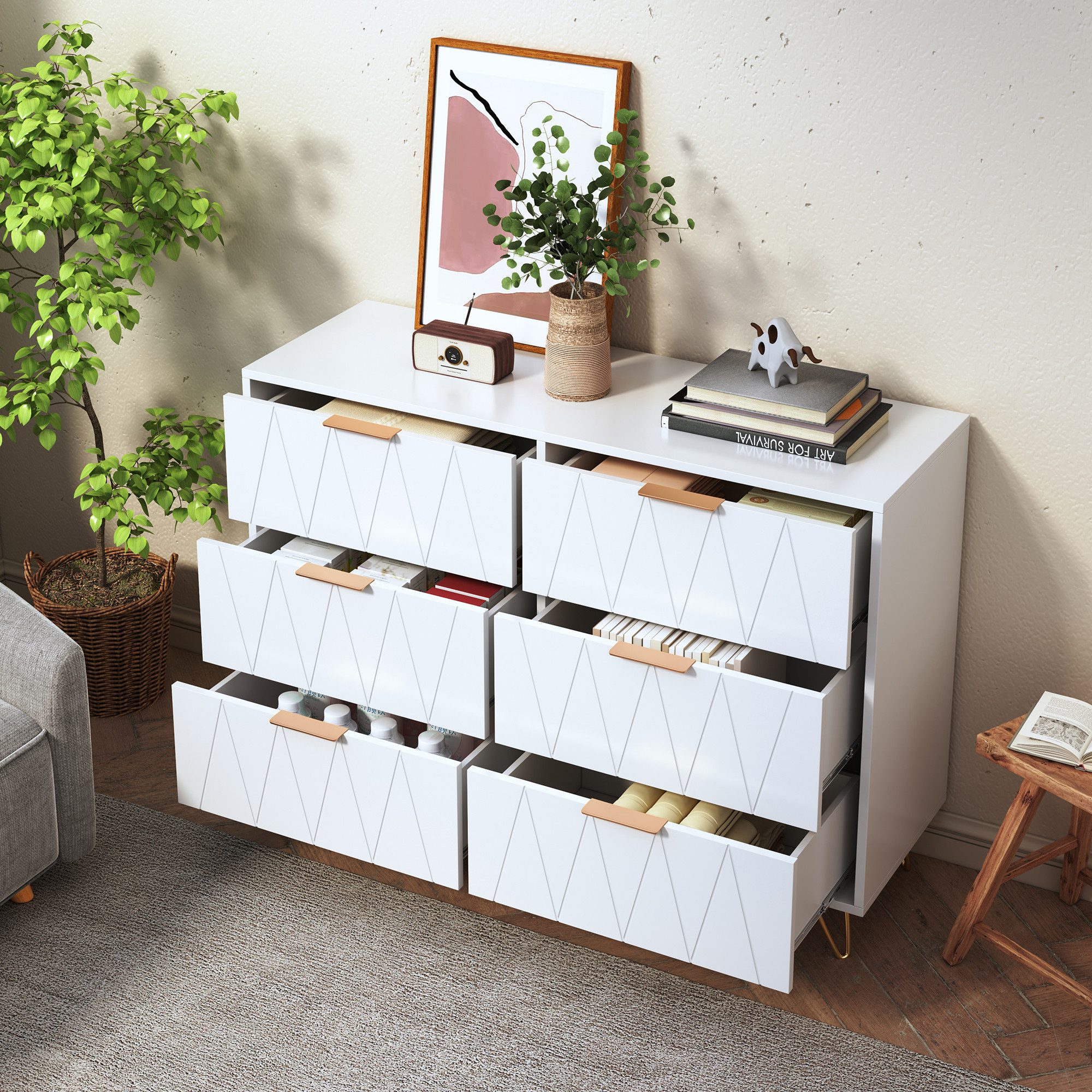 FUROKOY Kommode Stauraumschrank Schmal Kommode, Nachtkommode mit Rautenmuster (Set, 1 St., Weiß Sideboard Schrank Highboard mit 6 Schubladen), Buffet für Schlafzimmer,Wohnzimmer,Flur,100 x 34 x 72.5 cm,Weiß Gold