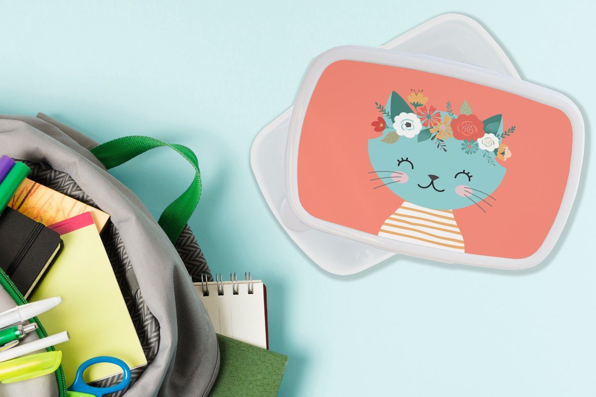 Mädchen - Brotbox und Rosa, Blumen für und Jungs für Brotdose, (2-tlg), Lunchbox Katze - weiß Erwachsene, MuchoWow Kunststoff, Kinder