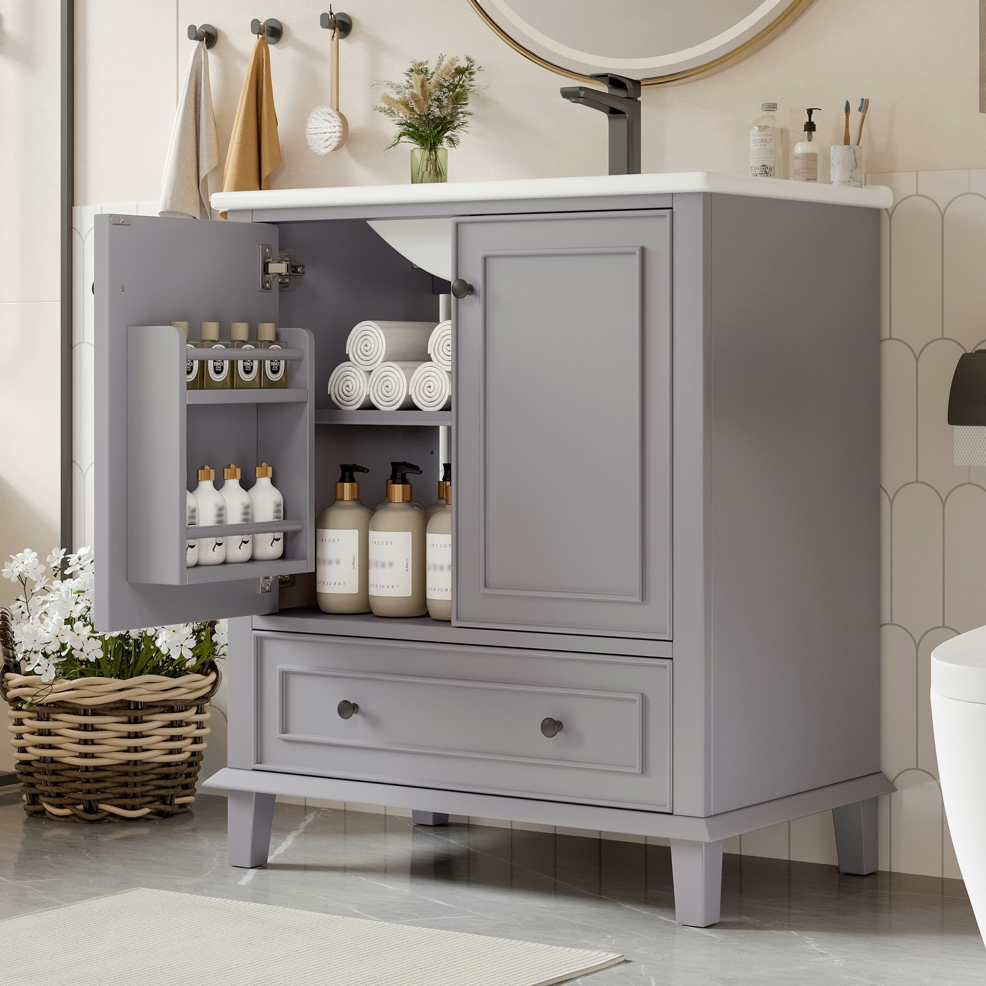 Gdood Waschbeckenunterschrank Bodenstehender Badezimmerschrank mit Waschbeck Schran mit Regalen (1-St)