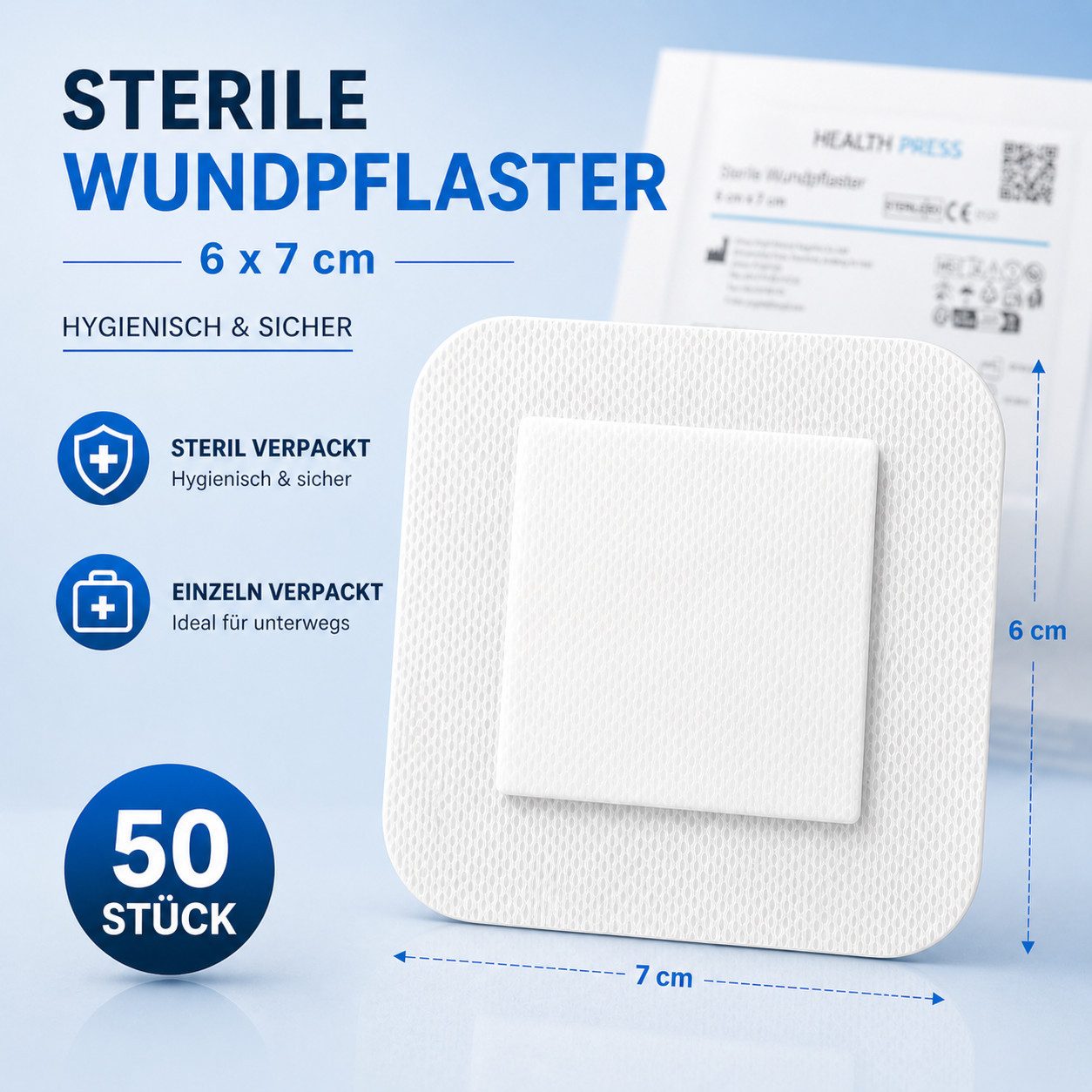 Health Press Wundpflaster steril - große Pflaster zur Wundversorgung (50 St., 50 Stück 6x7cm, 25 Stück 9x10cm, 25 Stück 9x15cm), Derma-Test: SEHR GUT