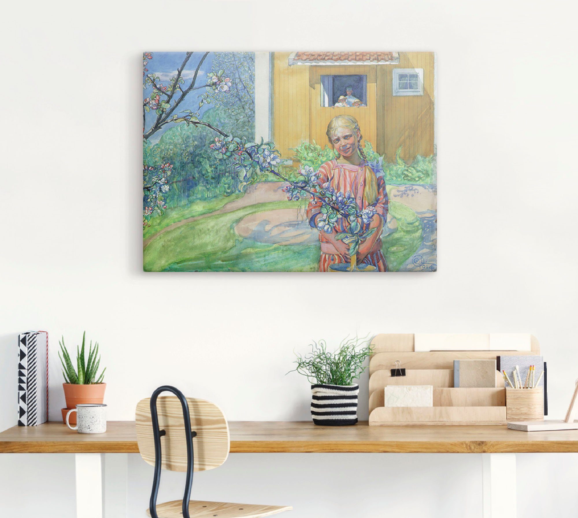 Artland Wandbild Mädchen mit versch. Wandaufkleber als St), in (1 Apfelzweig, oder Größen Leinwandbild, blühenden Poster Kind einem