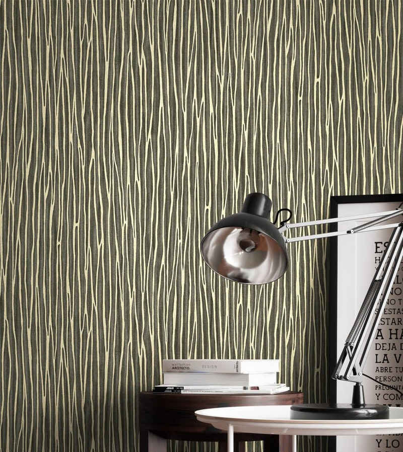 Newroom Vliestapete, Schwarz Tapete Grafisch Steifen - Mustertapete Gold Modern Muster für Wohnzimmer Schlafzimmer Küche