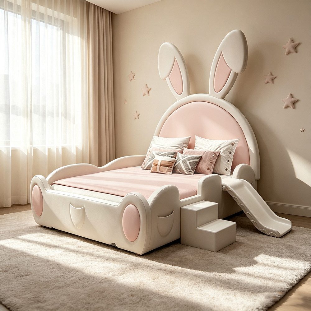 Muxing Kinderbett Hasenohren mit Rutsche und Treppe (1-tlg), 120×190cm, rosa+weiß