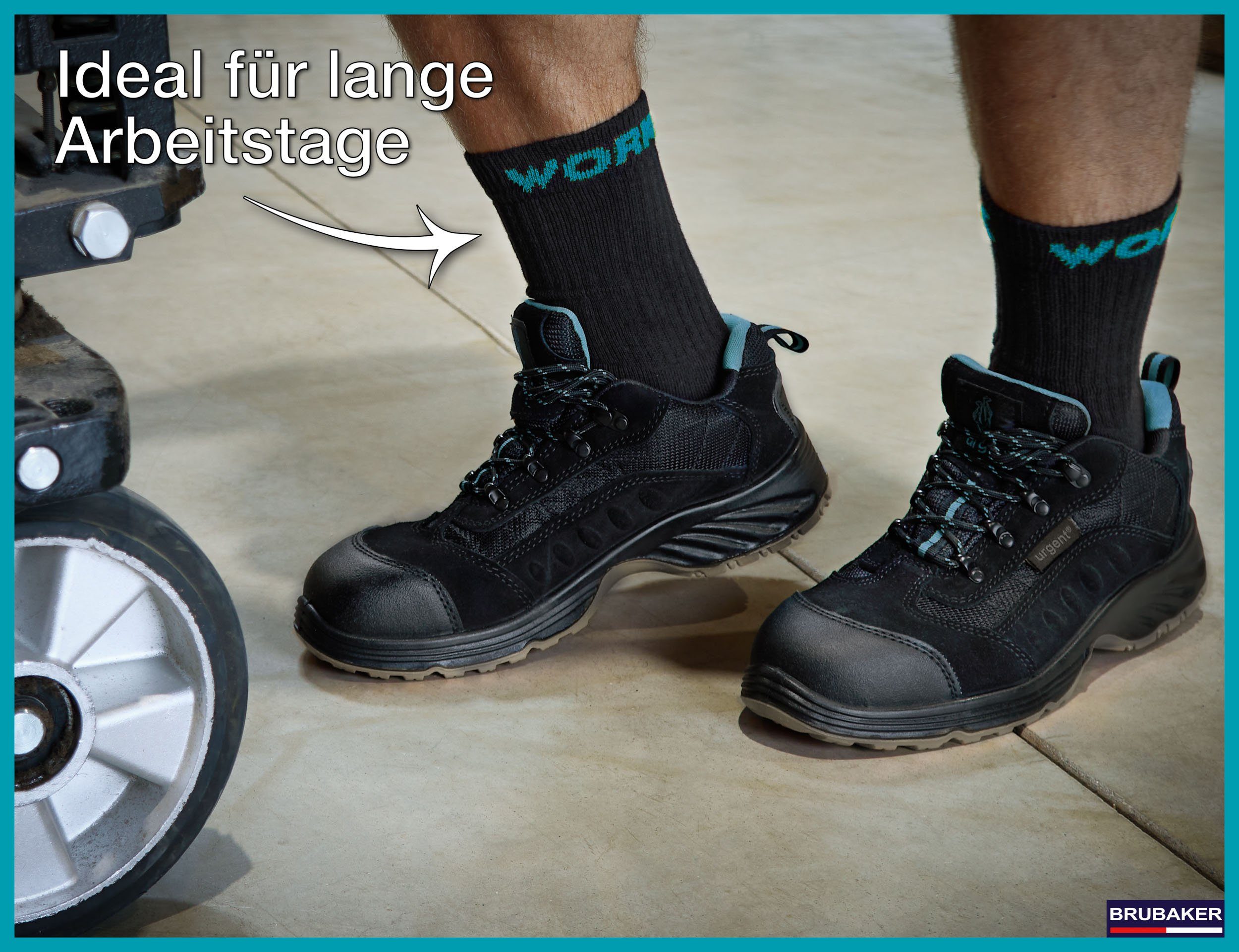 BRUBAKER Arbeitssocken für Herren - 10 oder 20 Paar Work Socken - Schwarz Türkis (Verstärkter Fersen und Zehenbereich, 10-Paar, Work Socks Arbeitssocken aus Baumwolle) Robuste Funktionssocken für optimalen Halt auf der Arbeit