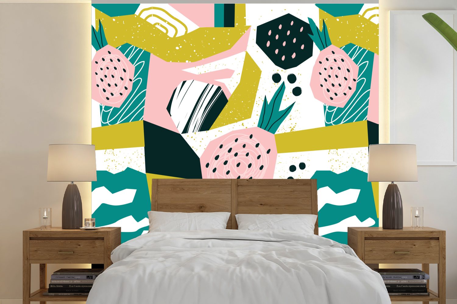 oder Schlafzimmer, (5 bedruckt, St), Wohnzimmer - Erdbeere MuchoWow Wandtapete Fototapete Muster, Tapete Matt, Formen für Vinyl -