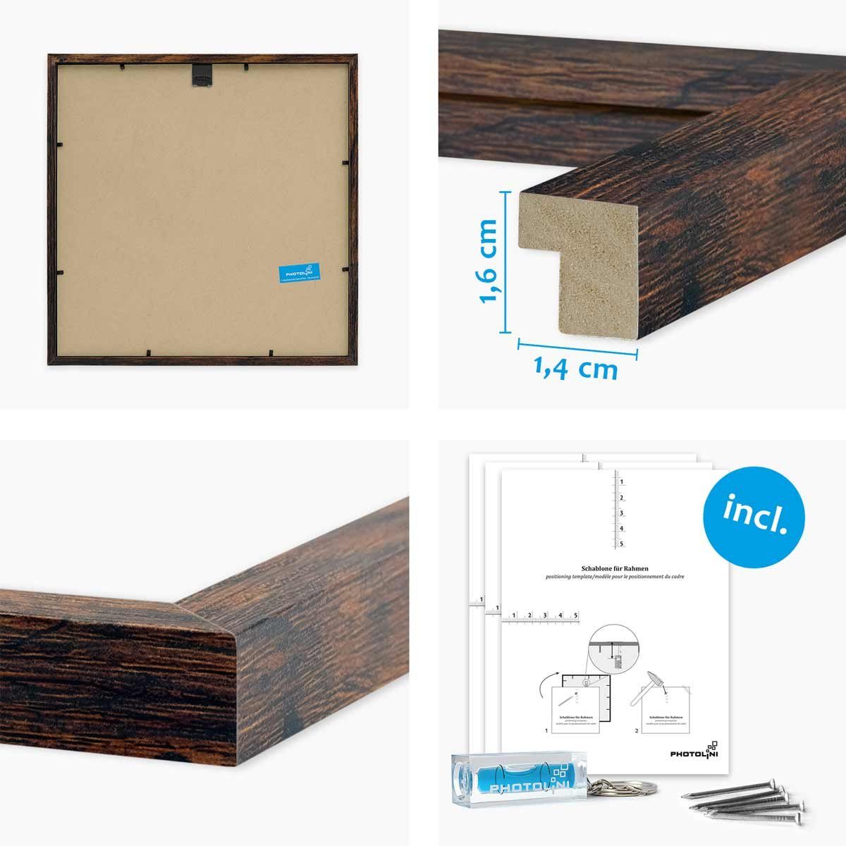 PHOTOLINI Bilderrahmen Sets quadratisch 30x30 cm aus MDF Holz mit Acrylglas & Zubehör, für 4 Bilder (4er Set), 4er Set Eiche Dunkel mit Passepartouts für Bilder in 20x20 cm