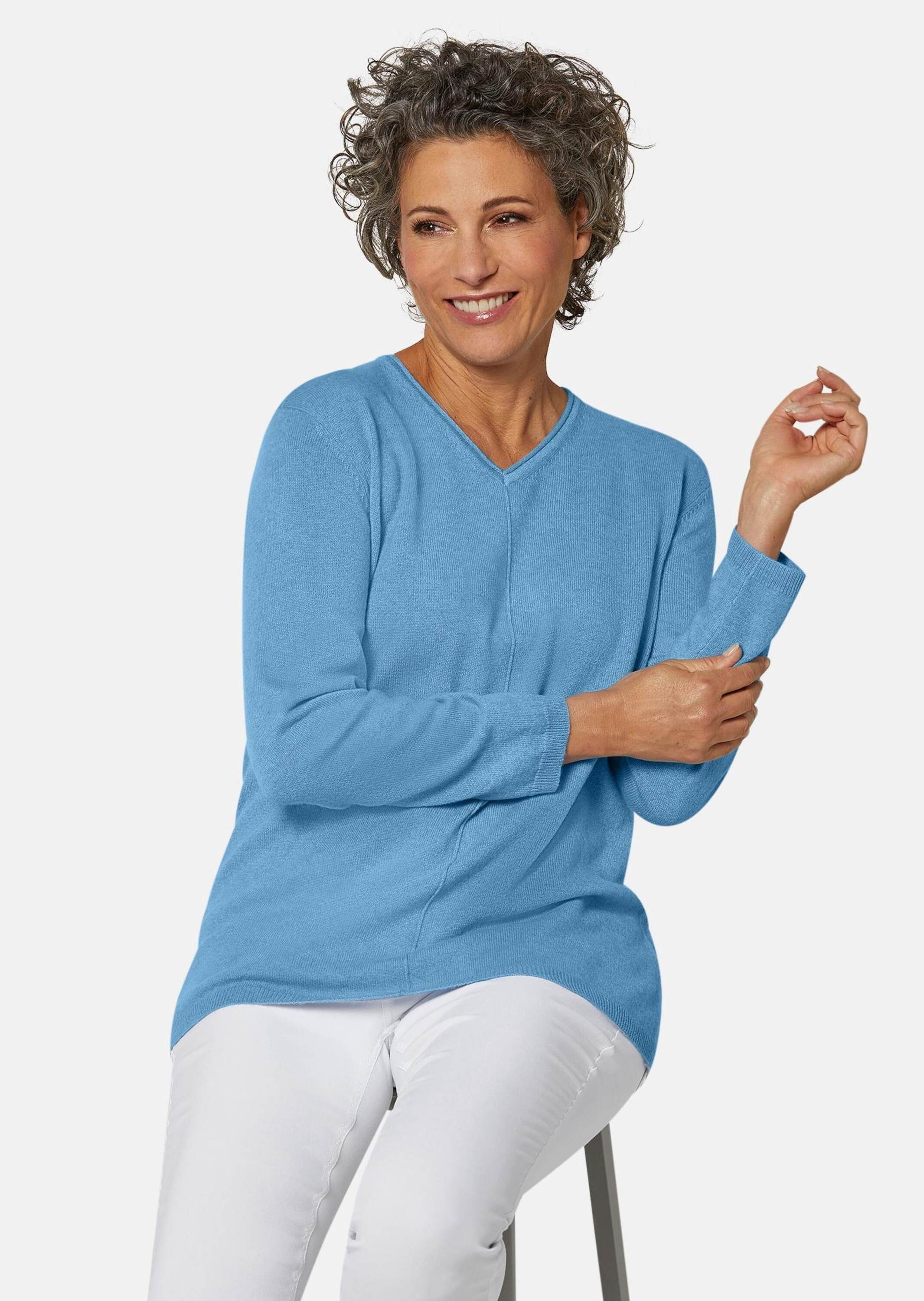 GOLDNER Strickpullover Basicpullover mit V-Ausschnitt Strickpullover mit Teilungsnaht, Rippstrick-Details und Langarm