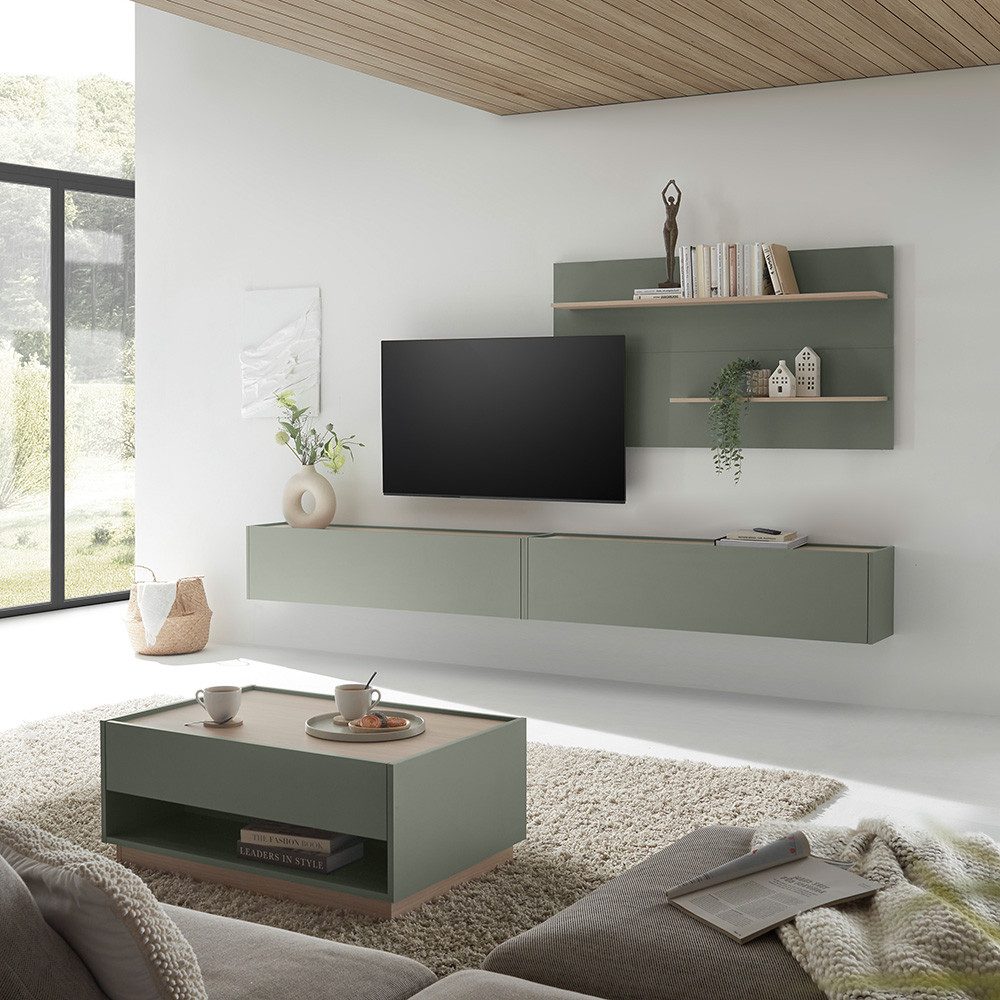 Lomadox Wohnzimmer-Set CRISP-61, (Mega-Spar-Set, 4-St., Wandpaneel inkl. LED-Beleuchtung Hängeschänke Couchtisch), grün mit Eiche Nb., inkl. Beleuchtung, grifflos, viel Stauraum