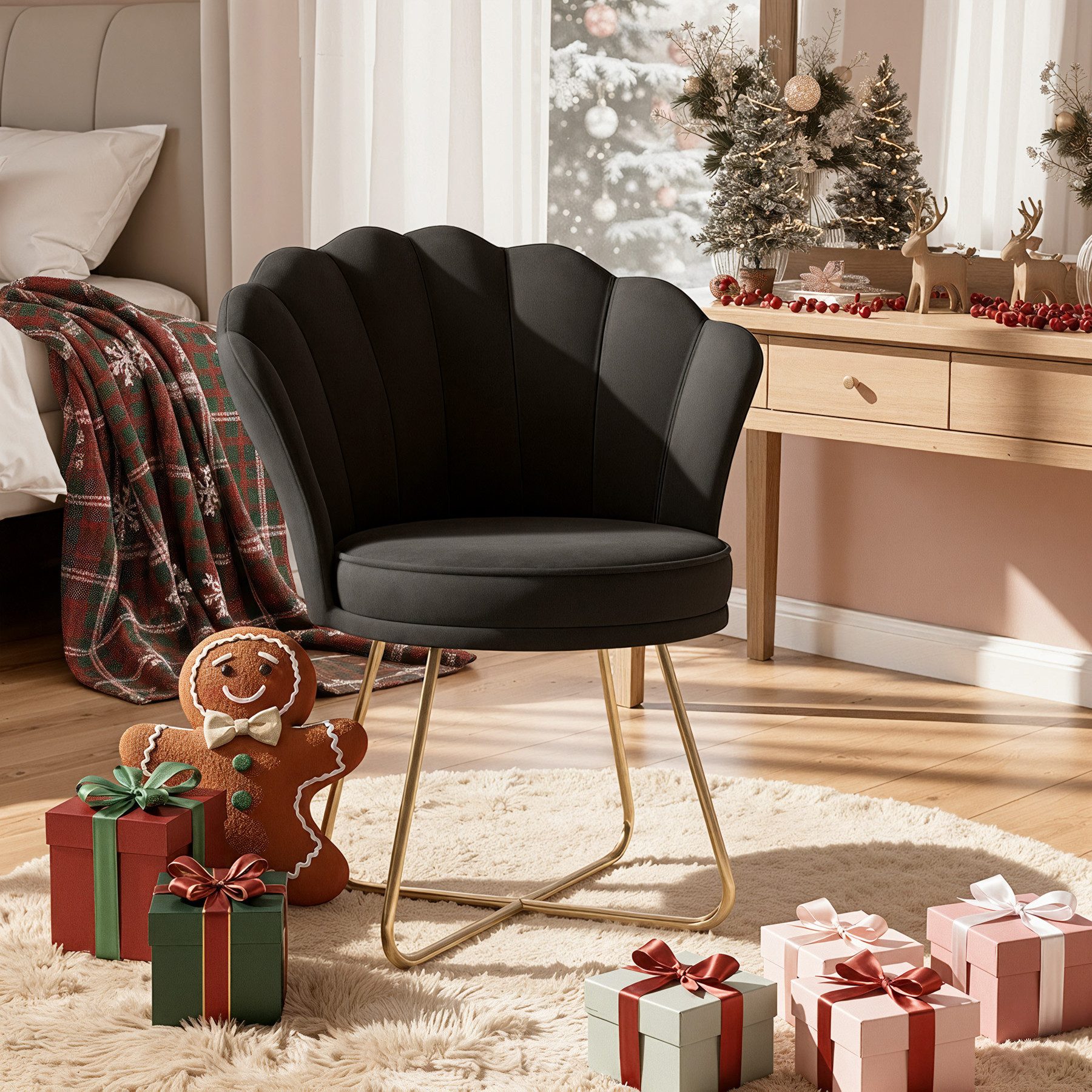 HawthyHome Polsterstuhl Polstersessel mit Blütenblatt-Rückenlehne & Goldene Metallbeine (1 St), ideal für Esszimmer & Schminktisch