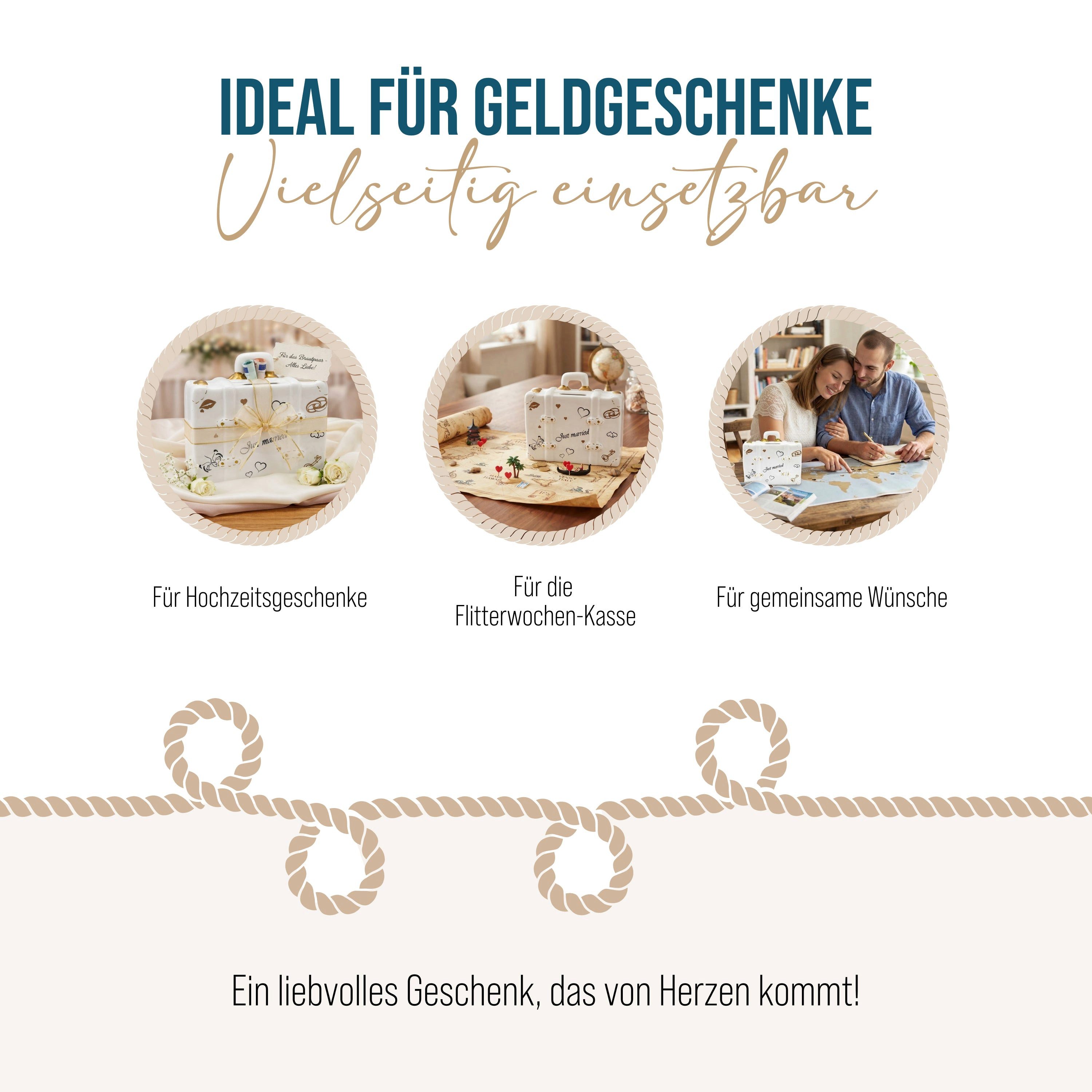 Logbuch-Verlag Dekofigur Spardose Koffer Just Married – Hochzeits-Spardose aus Keramik – Bild 4 von 5