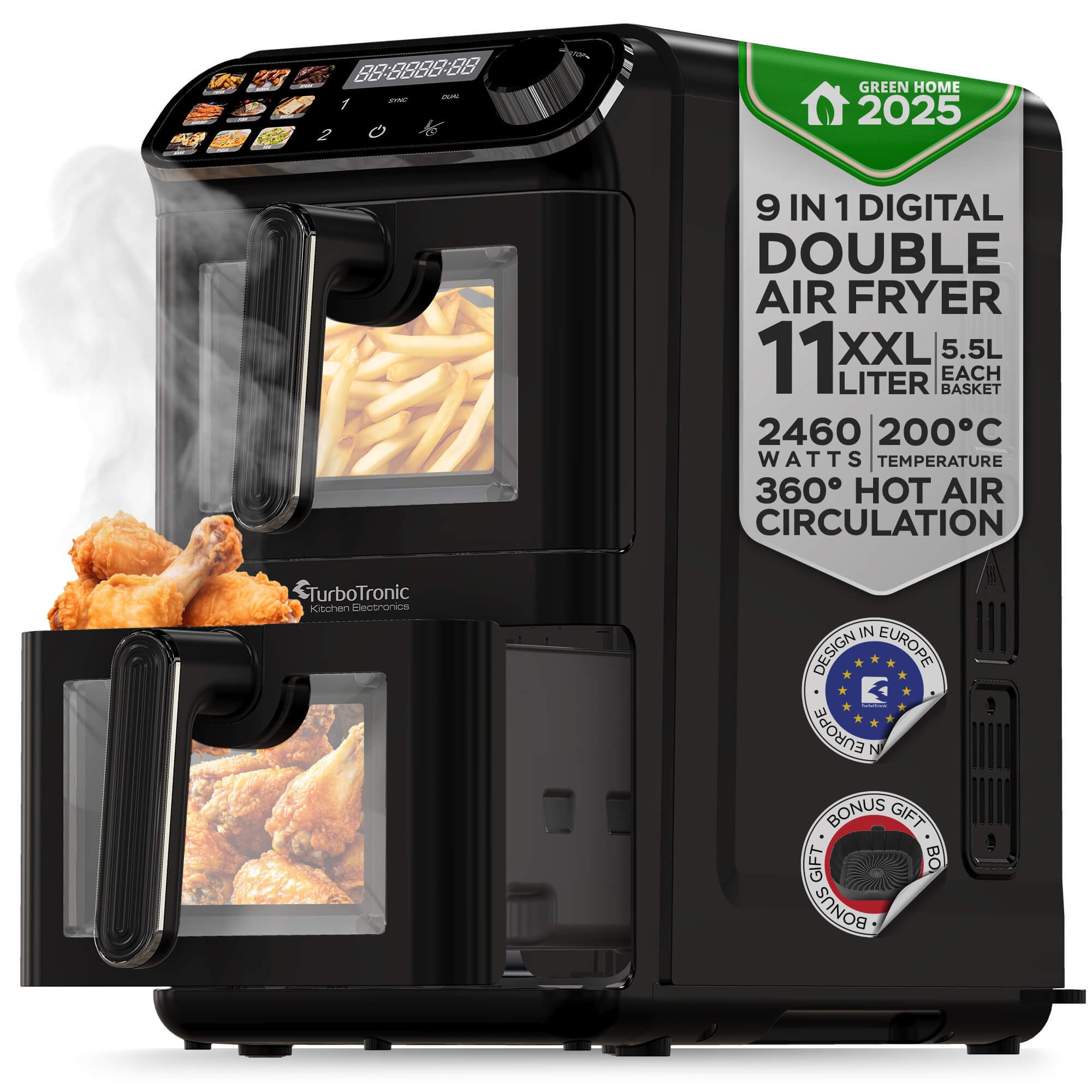 TurboTronic by Z-Line Heißluftfritteuse XXL 11L Doppelkammer AirFryer 2 x 5,5L DualZone 2 Ebenen XtraSlim, 2460 W, Design Heissluftfritteuse Silikoneinlagen fettarmes Frittieren ohne Öl