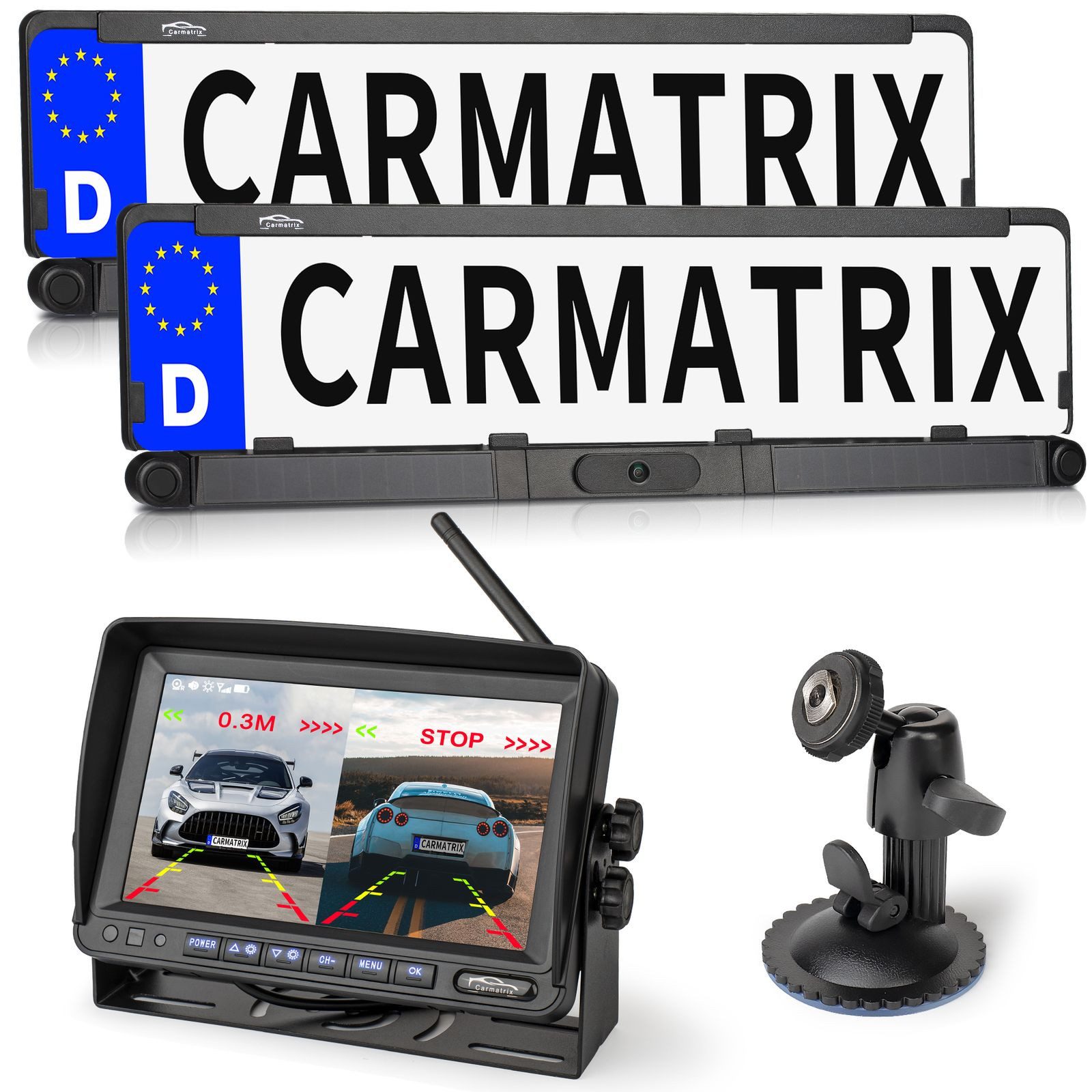 CARMATRIX Premium Solar 5 DUO Rückfahrkamera (Solar Funk Video Rückfahrsystem KFZ Wohnmobil Transporter Anhänger, Nummernschild, Kennzeichenhalter, Aufnahmefunktion, 7" HD-IPS Monitor)
