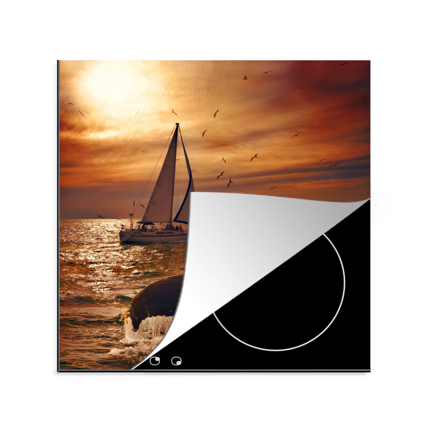 MuchoWow Herdblende-/Abdeckplatte Schwanz eines Wals über Wasser mit Boot und Sonnenuntergang in der, Vinyl, (1 tlg), 78x78 cm, Ceranfeldabdeckung, Arbeitsplatte für küche