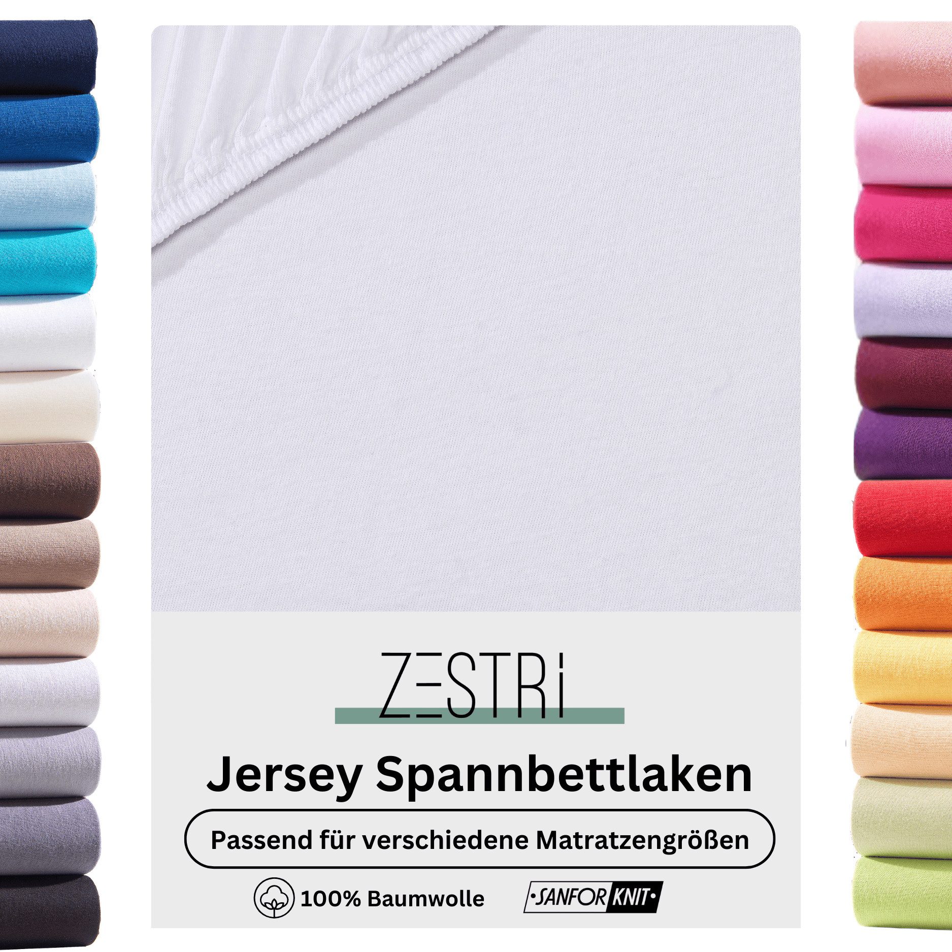 Zestri Spannbettlaken Jersey für normale Matratzen, Boxspringbett, Wasserbett & Topper, Gummizug: rundum, 90x200 140x200 180x200 200x200 cm, Baumwolle, Bettlaken Spannbetttuch