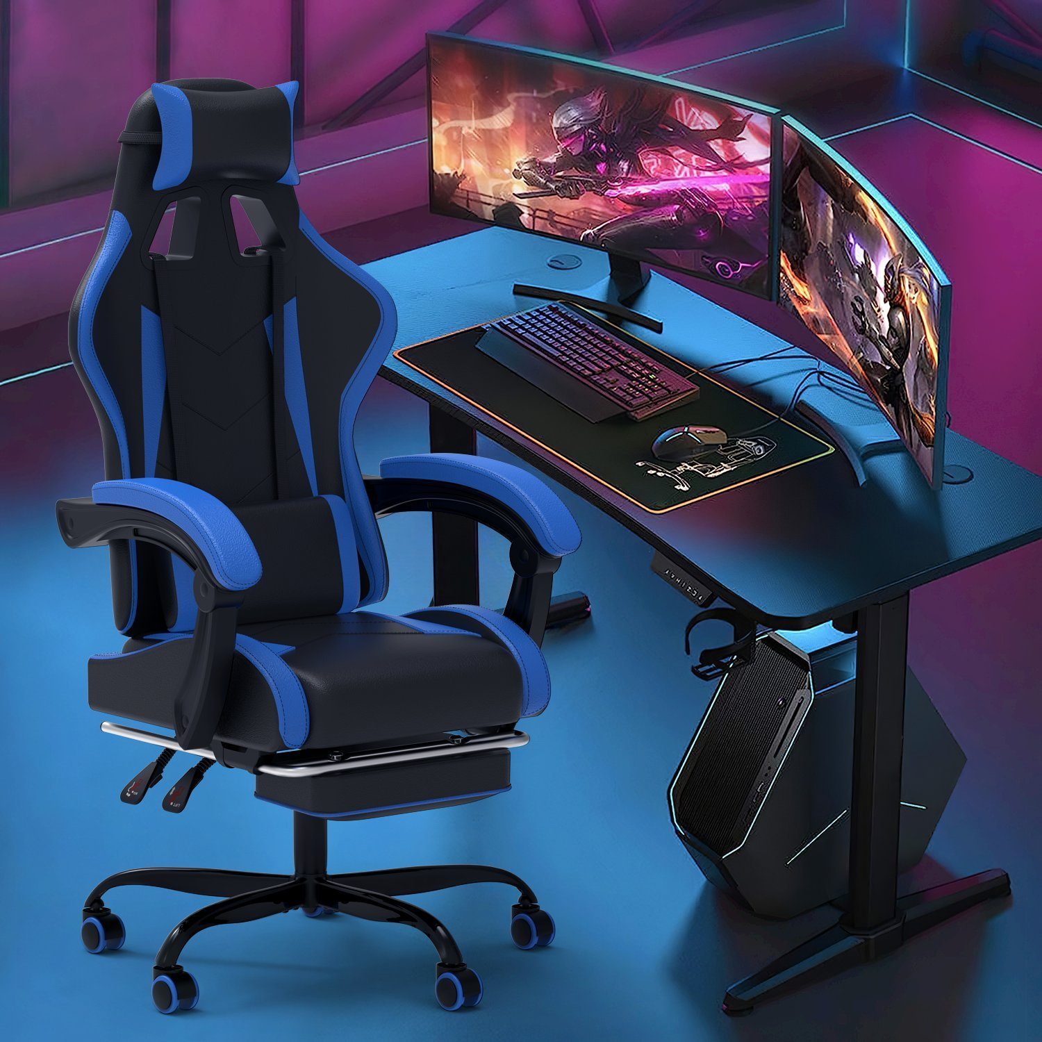 einstellbar 90-135° GUNJI Gaming Massage Fußstütze, mit Blau Stuhl Chair Rückenlehne Gaming