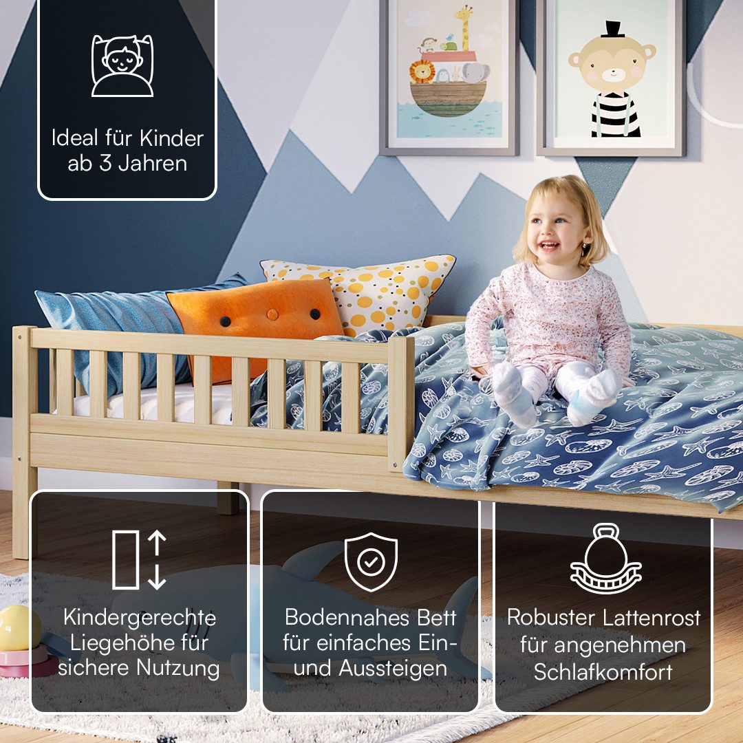 Bellabino Kinderbett Vils 90x200 cm mit Rausfallschutz, Lattenrost, Kiefer Massivholz (natur, optional mit Matratze) – Bild 3 von 5