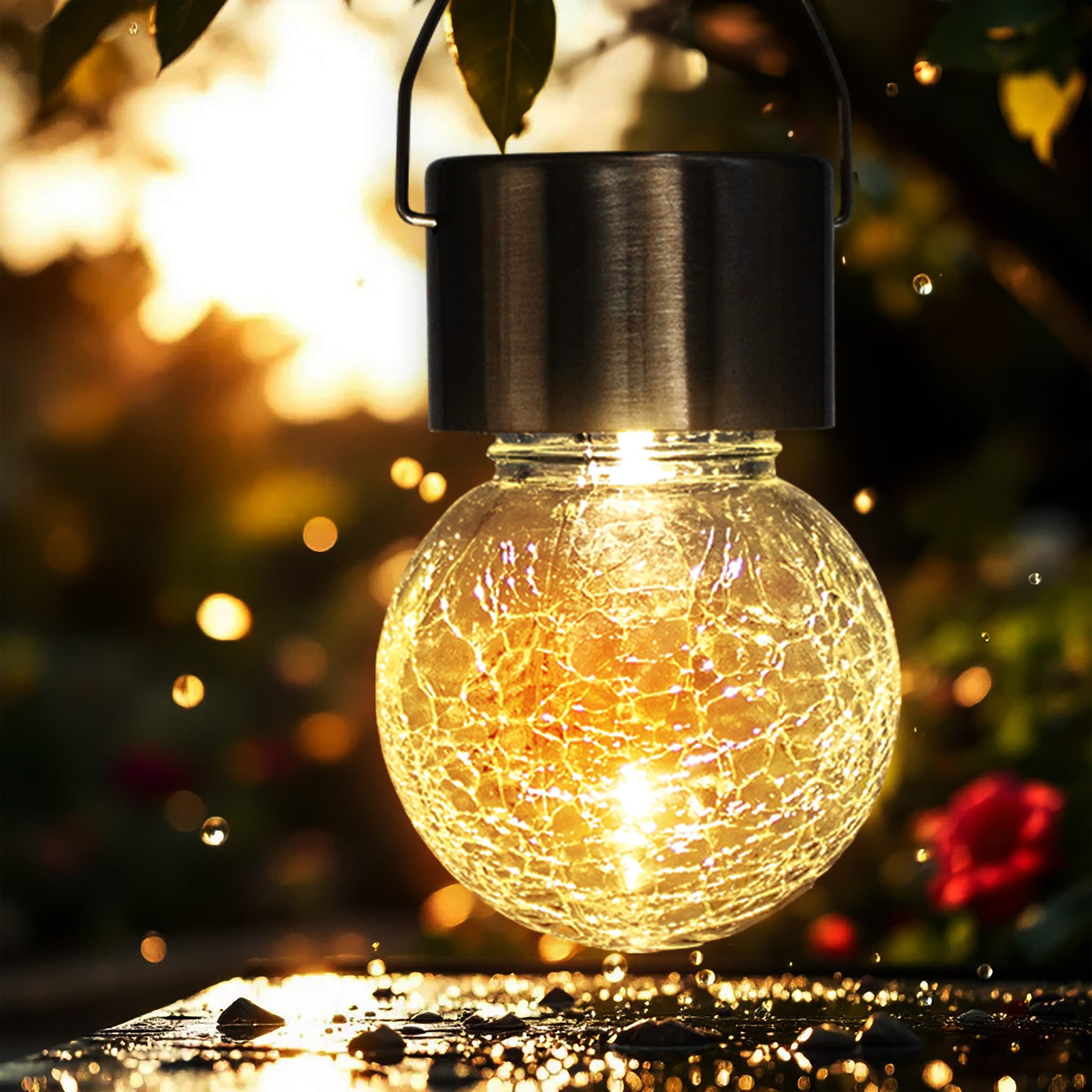 Spetebo LED Solarleuchte Solarleuchten in Bruchglas Optik, Ein-/Ausschalter, LED, warm weiß, Gartenbeleutung Hängekugeln Gartendeko